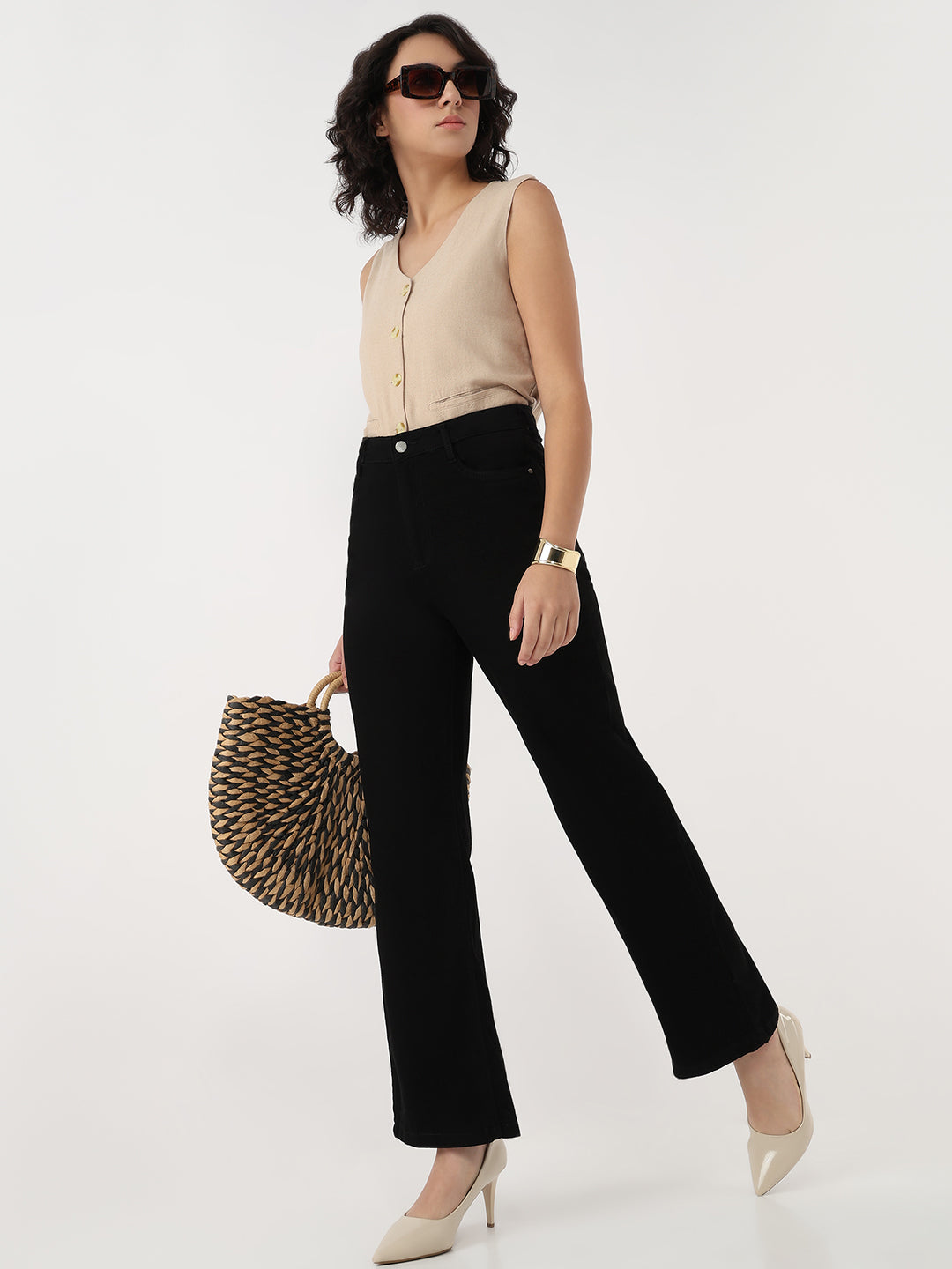 Women Solid Wide Leg Jeans