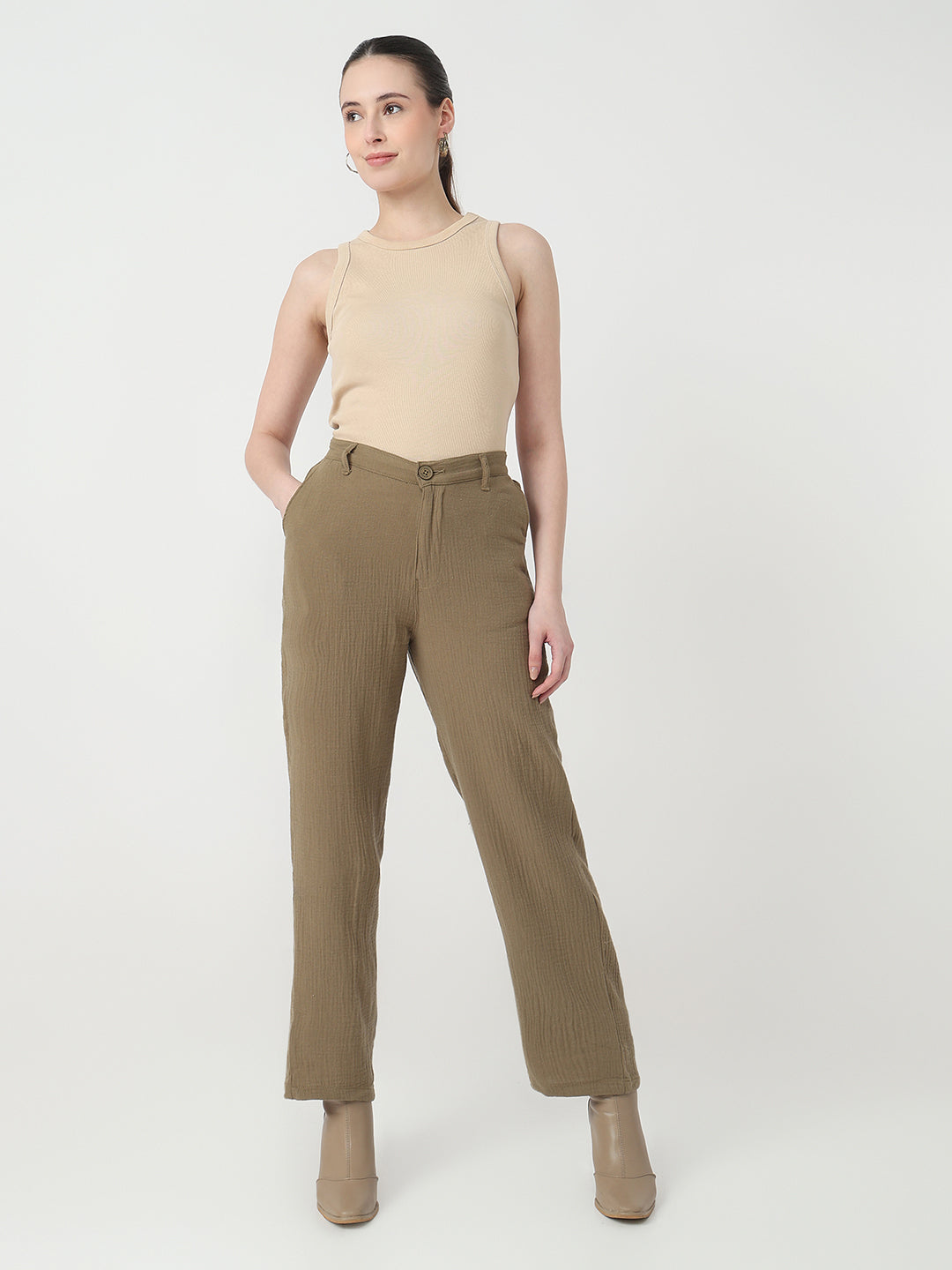 Women Olive Loose Straight Korean Pants