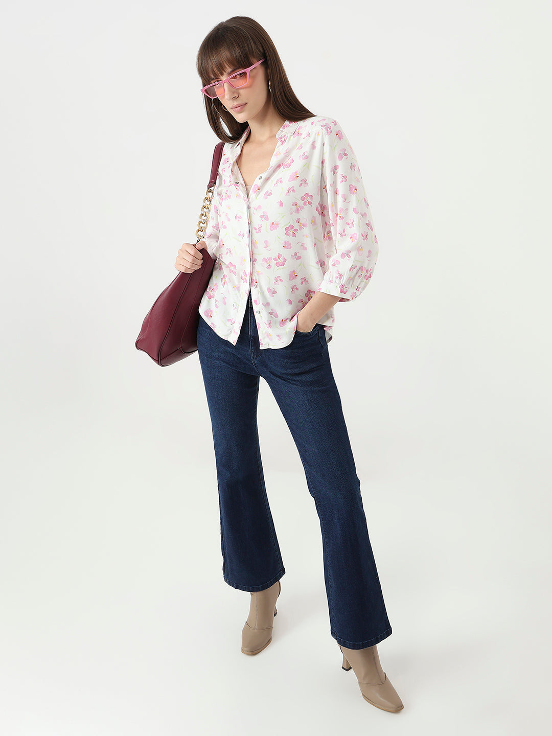 Women Pink Floral Slim Fit Shirt