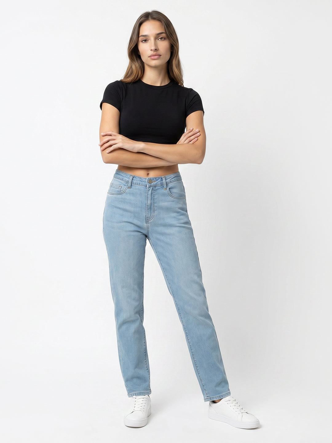 Women Light Blue High-Rise Slim Straight Fit Jeans