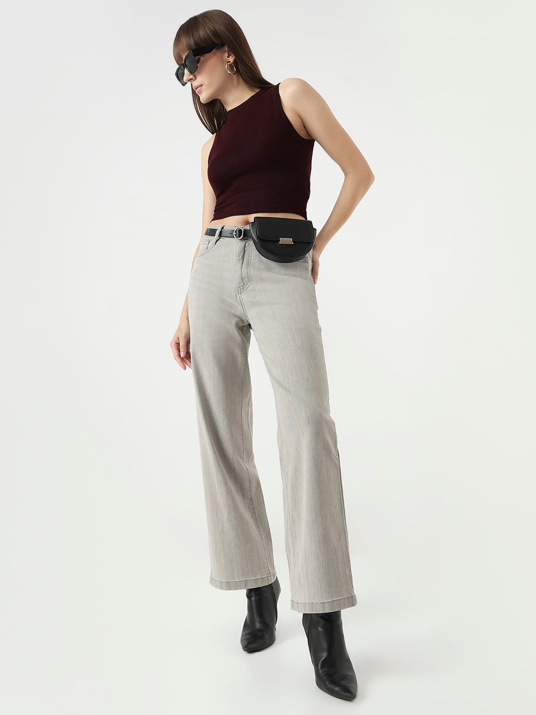 Women Grey High-Rise Wide Leg Jeans