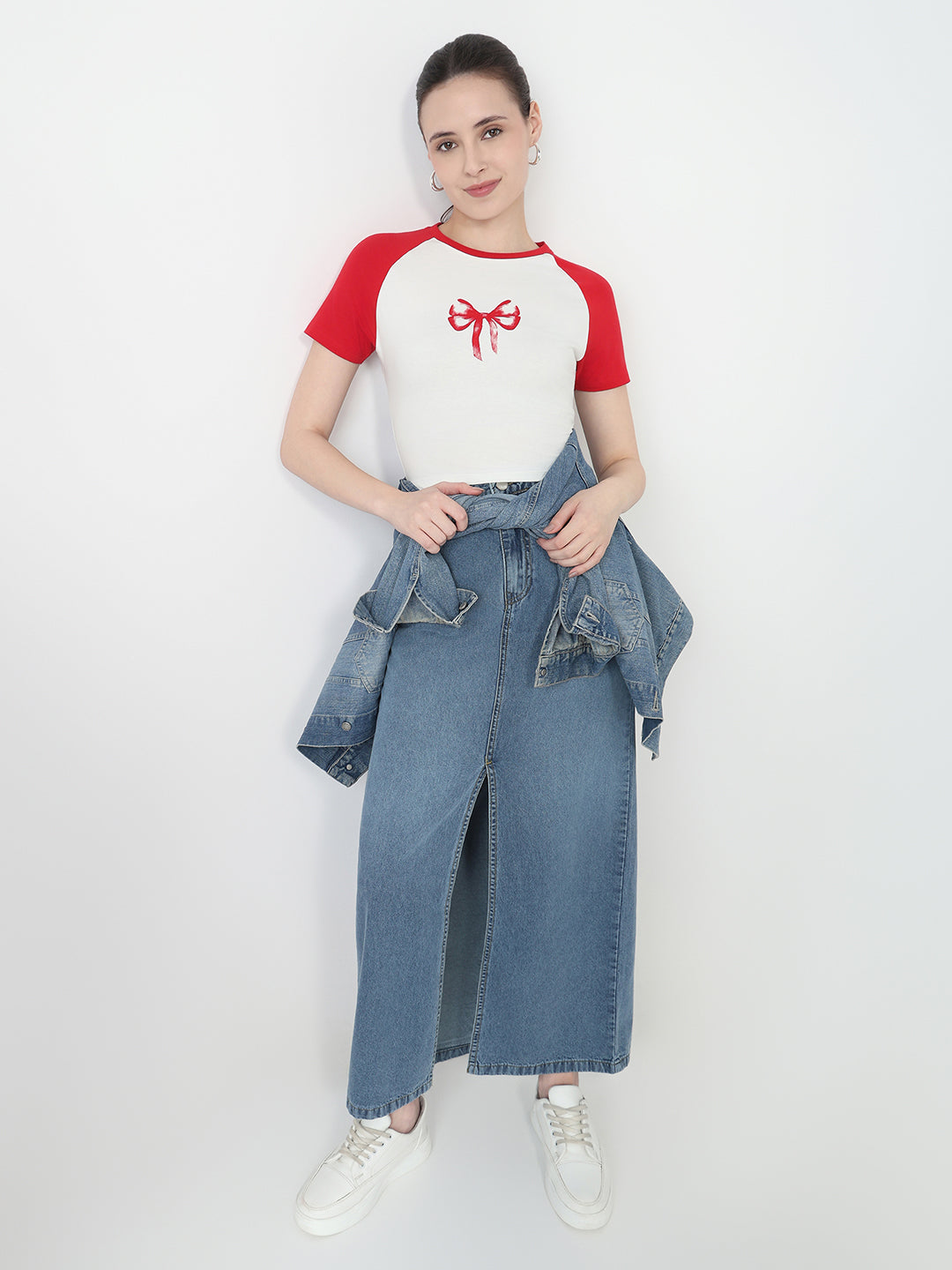 Women Off White/Red Slim Fit Genz T-Shirt