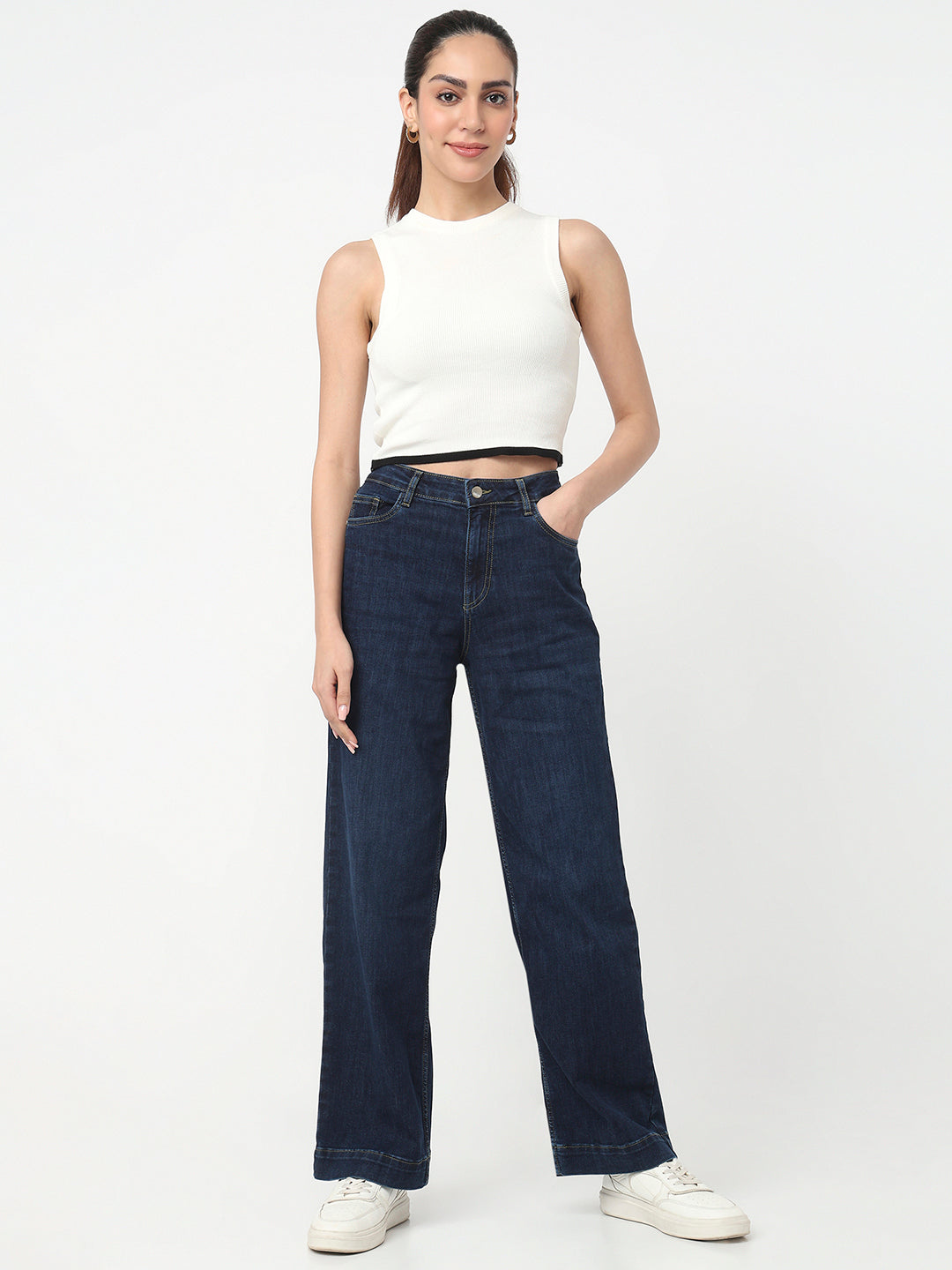 Women Dark Blue High-Rise Wide Leg Jeans