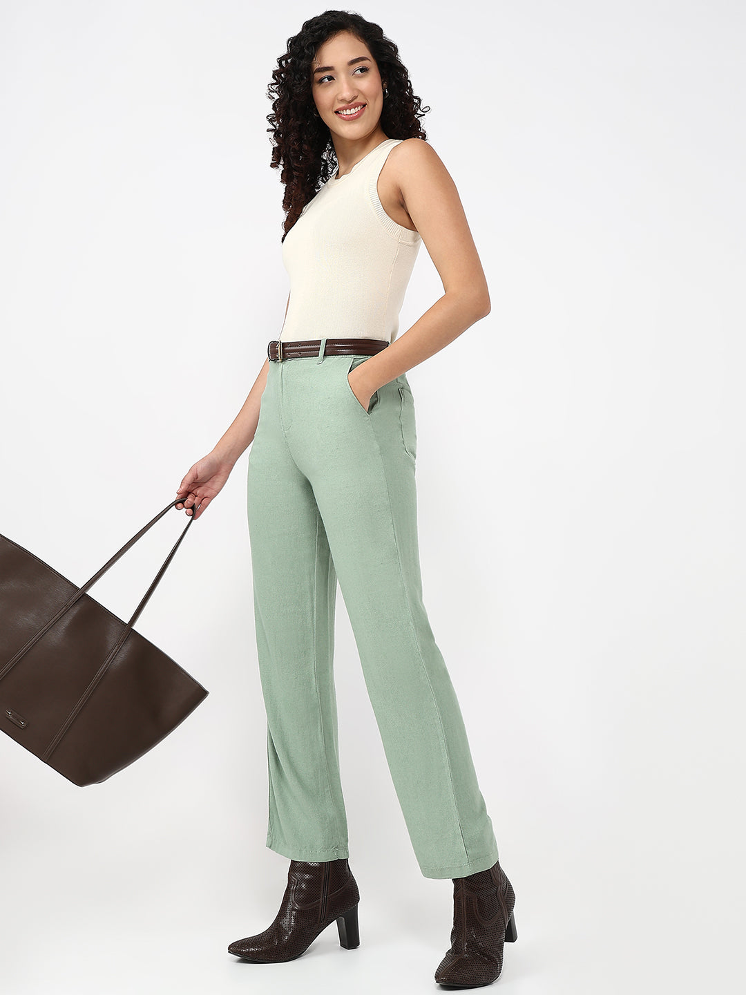 Women Dark Mint Loose Straight Fit Pants