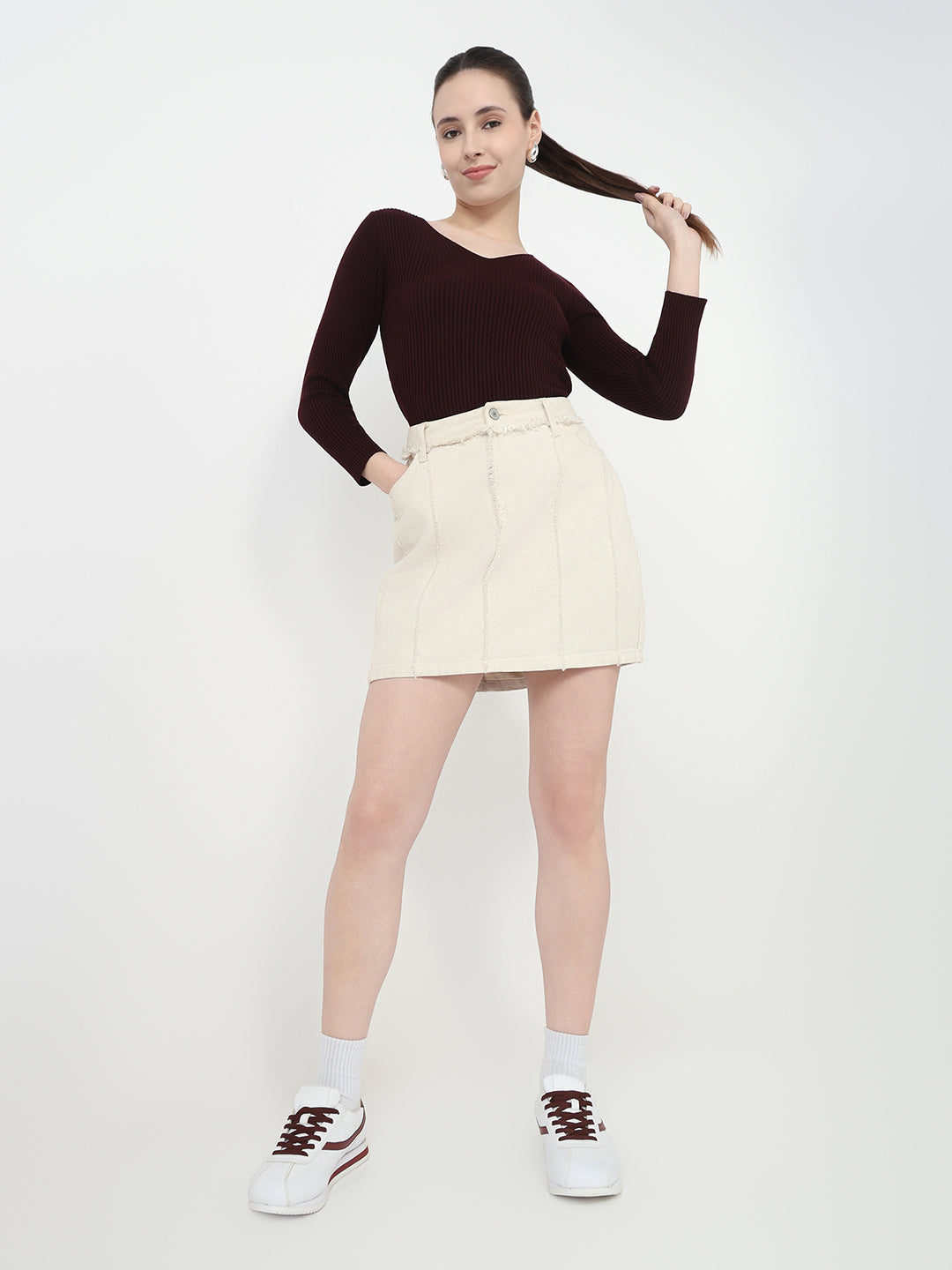 Women Wine Slim Fit Flat Knit