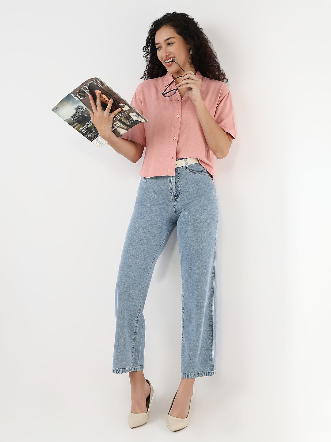 Women Blush Pink Slim Crop Shirt