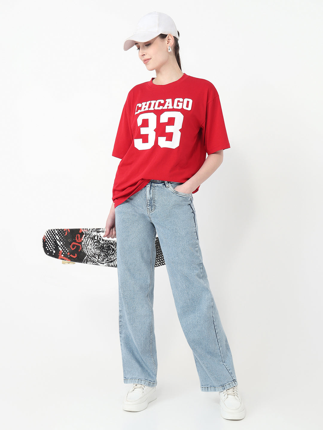 Women Red Slim Fit Oversized T-Shirt