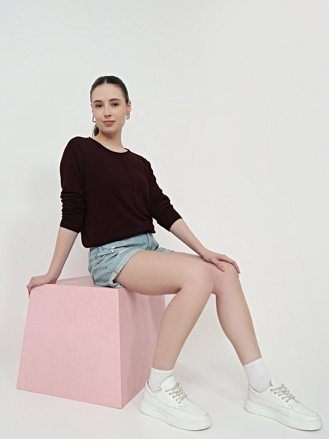 Women Wine Slim Fit Flat Knit