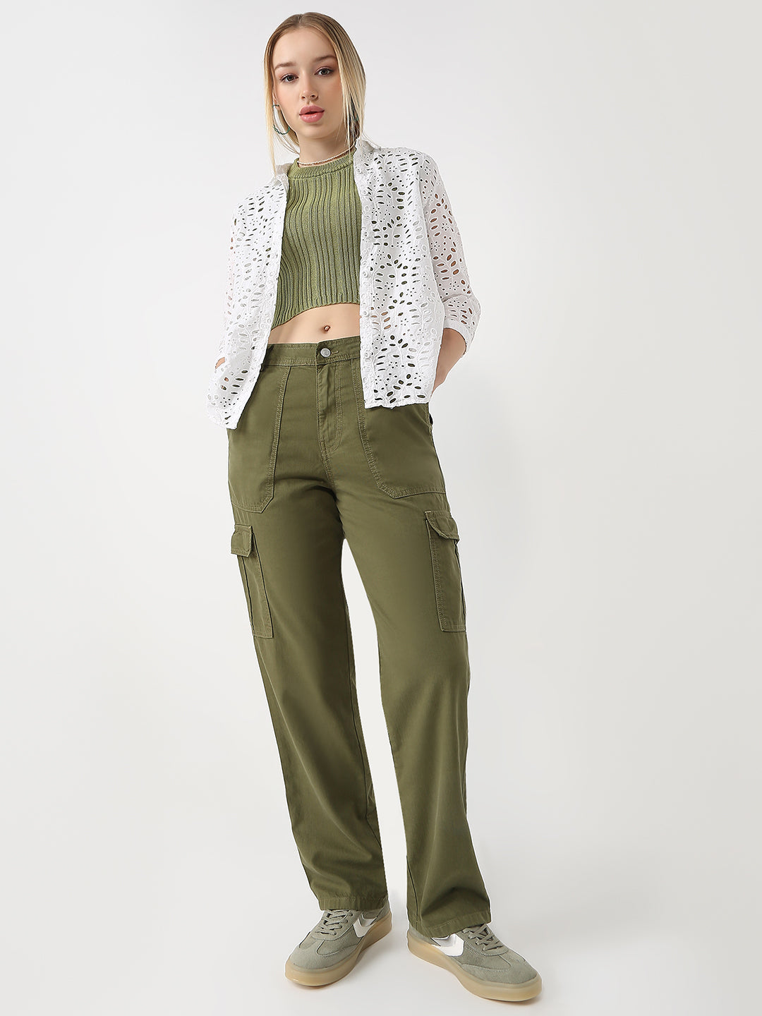 Women Olive High-Rise Cargo