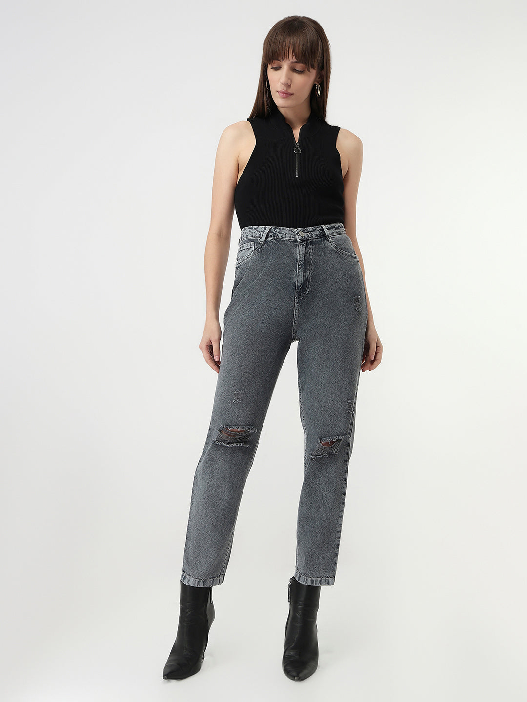 Women Grey High-Rise Mom Fit Jeans