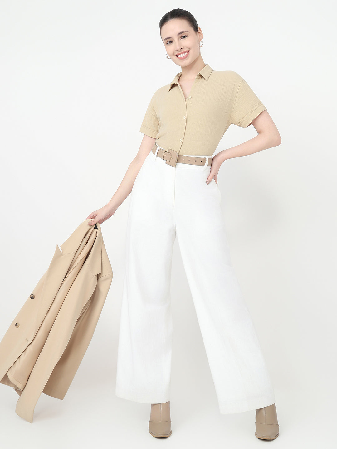 Women Oatmilk Crop Slim Shirt