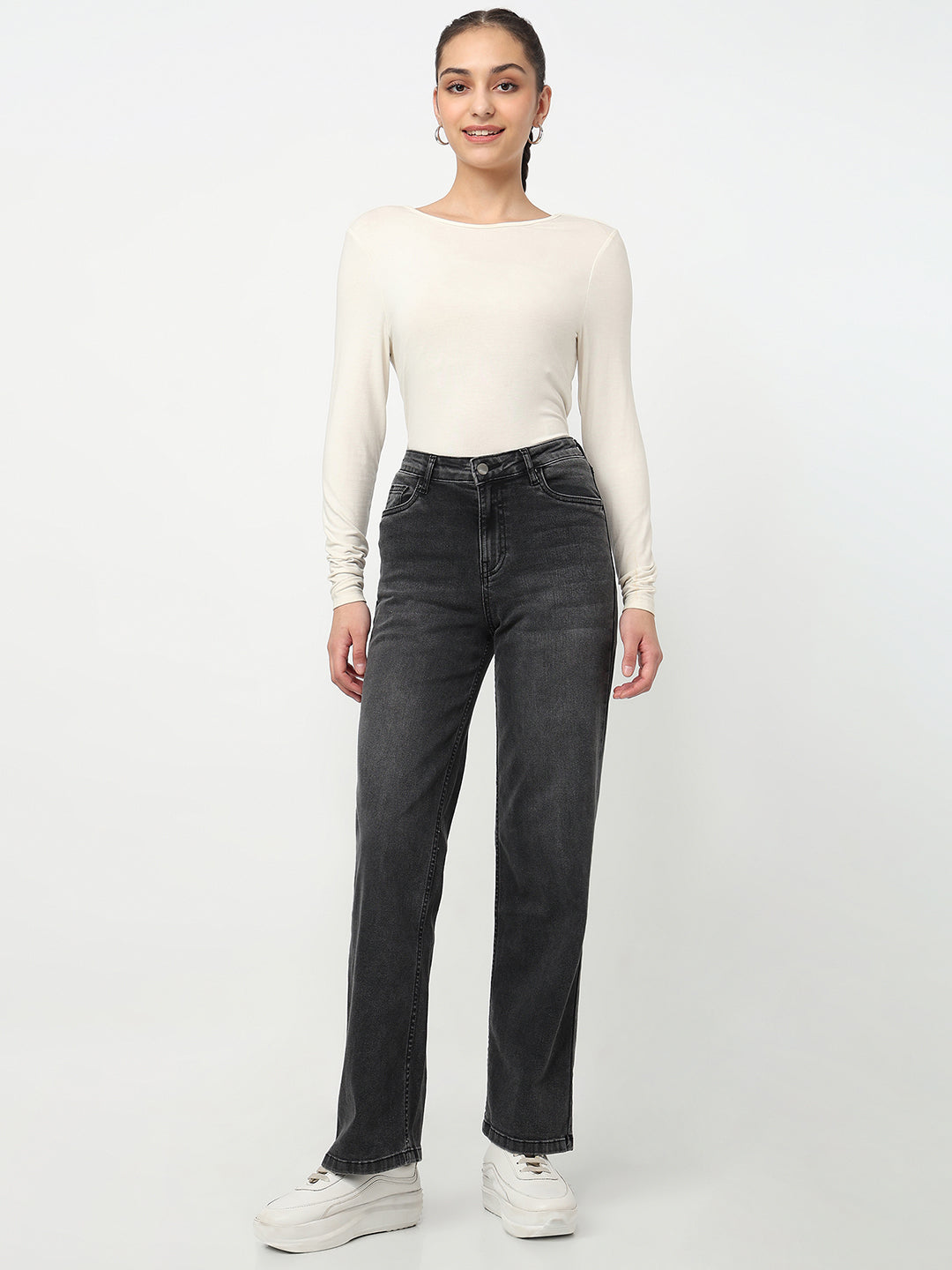 Women Charcoal High-Rise Baggy Jeans