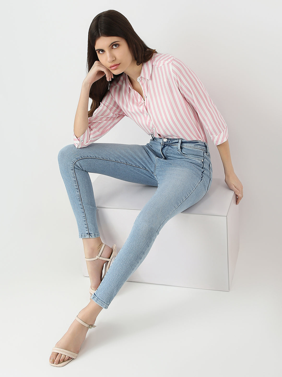 Women Blush Pink/White Striped Shirt