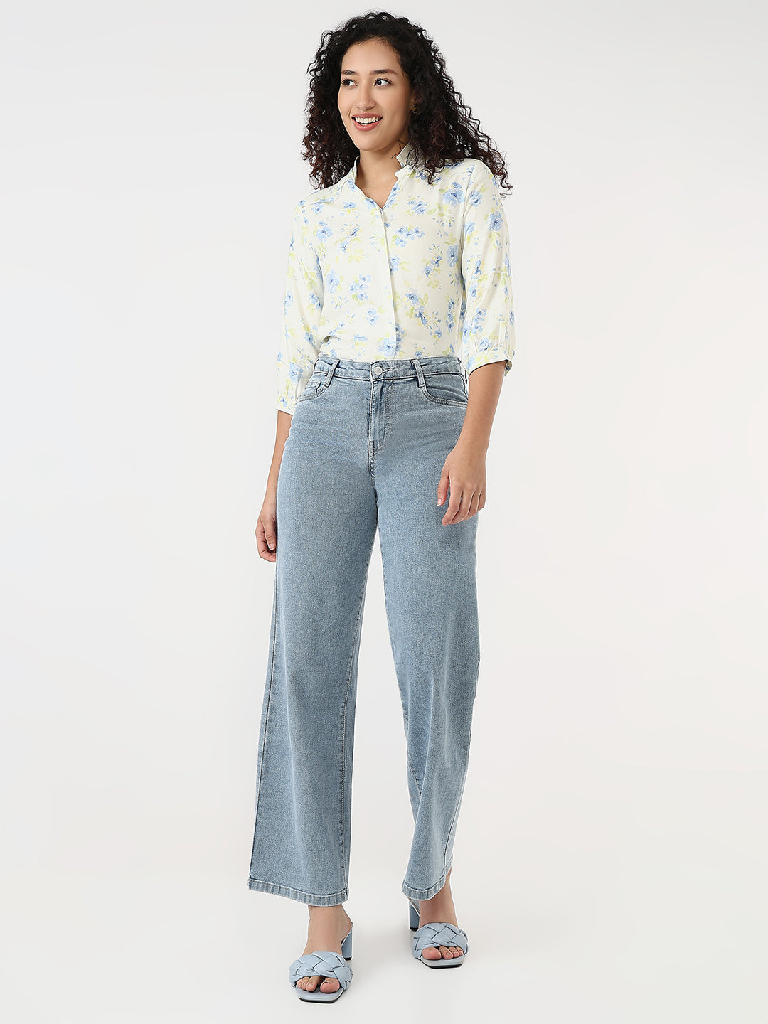 Women Light Blue High-Rise Wide Leg Jeans