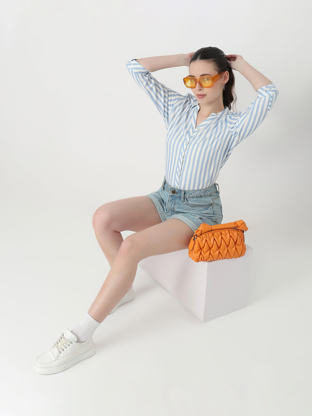 Women Sky/White Slim Fit Shirt