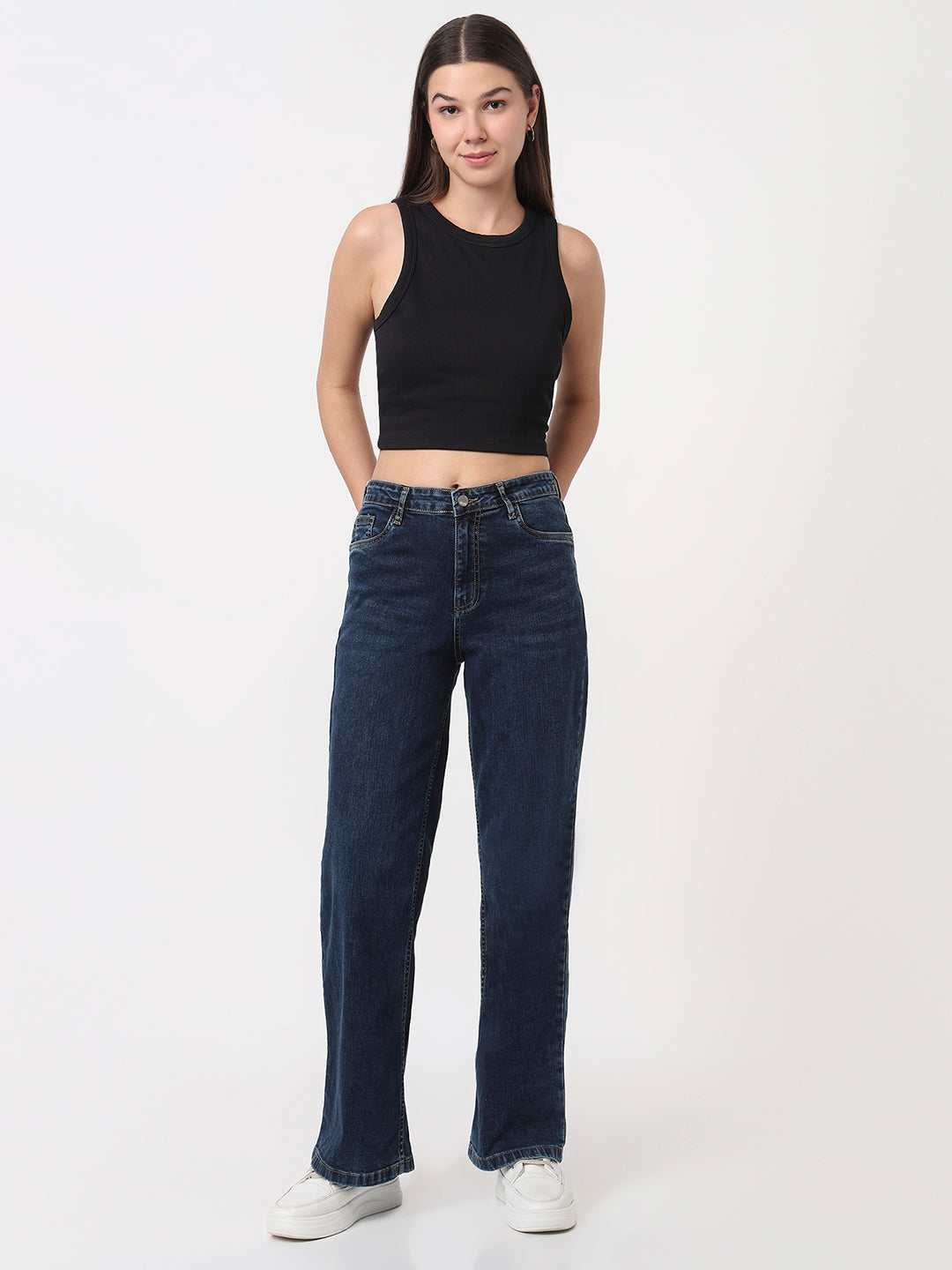 Women Dark Blue High-Rise Wide Leg Jeans