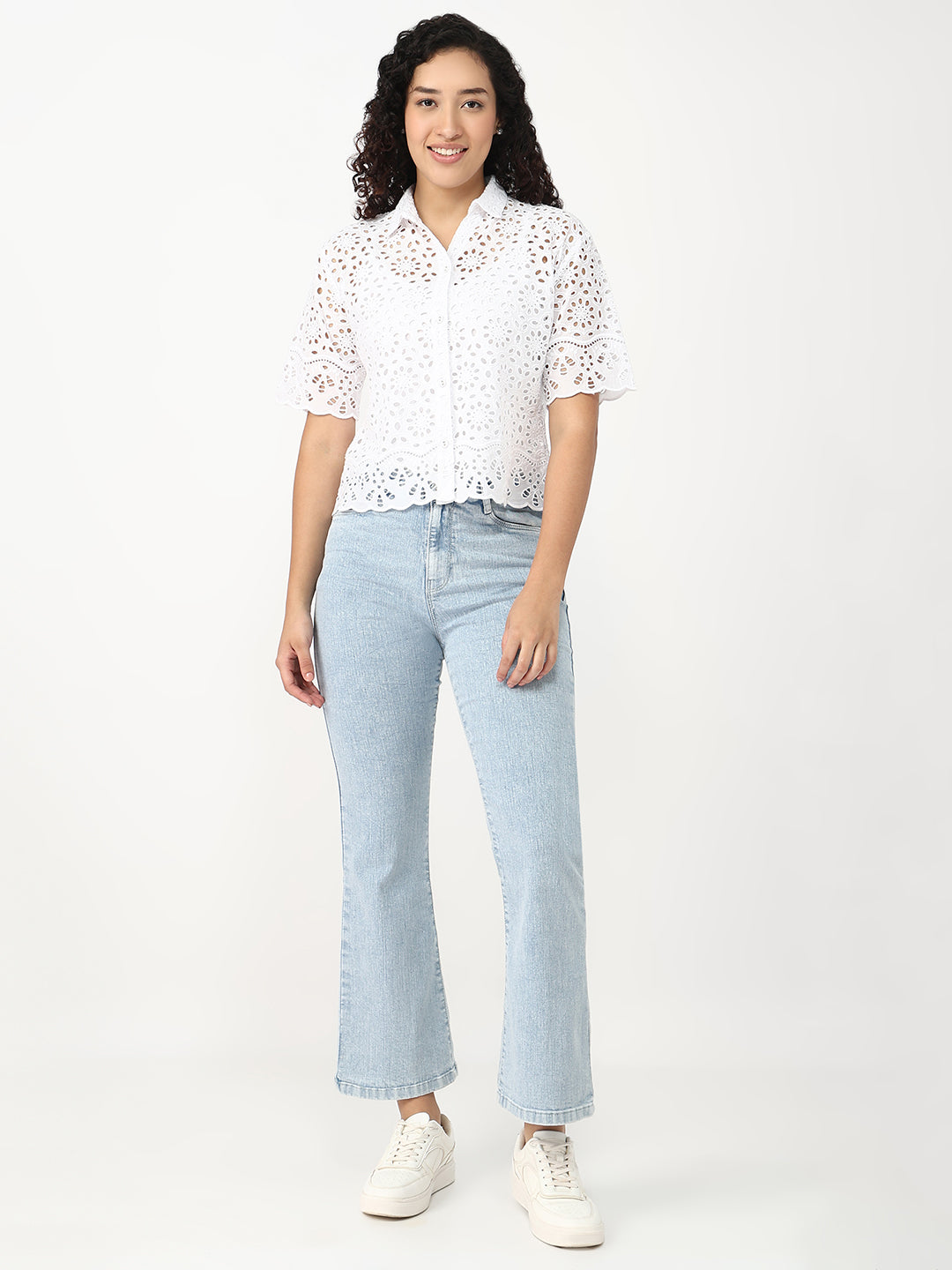Women White Crop Slim Shirt