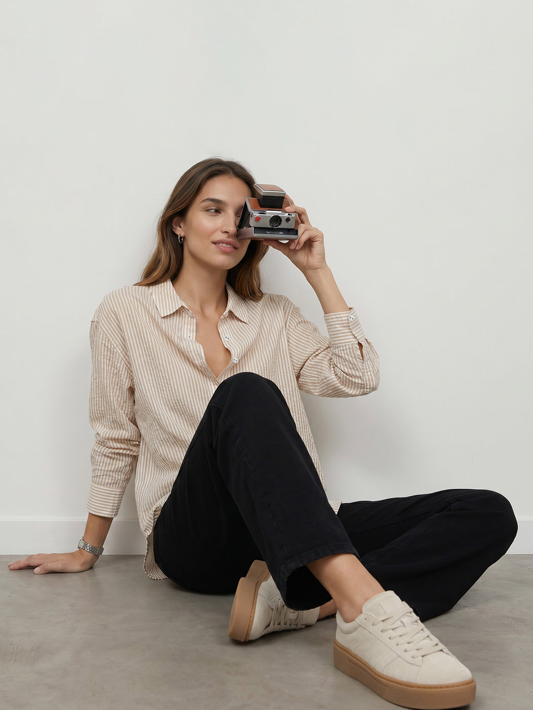 Women Beige/White Oversize Shirt