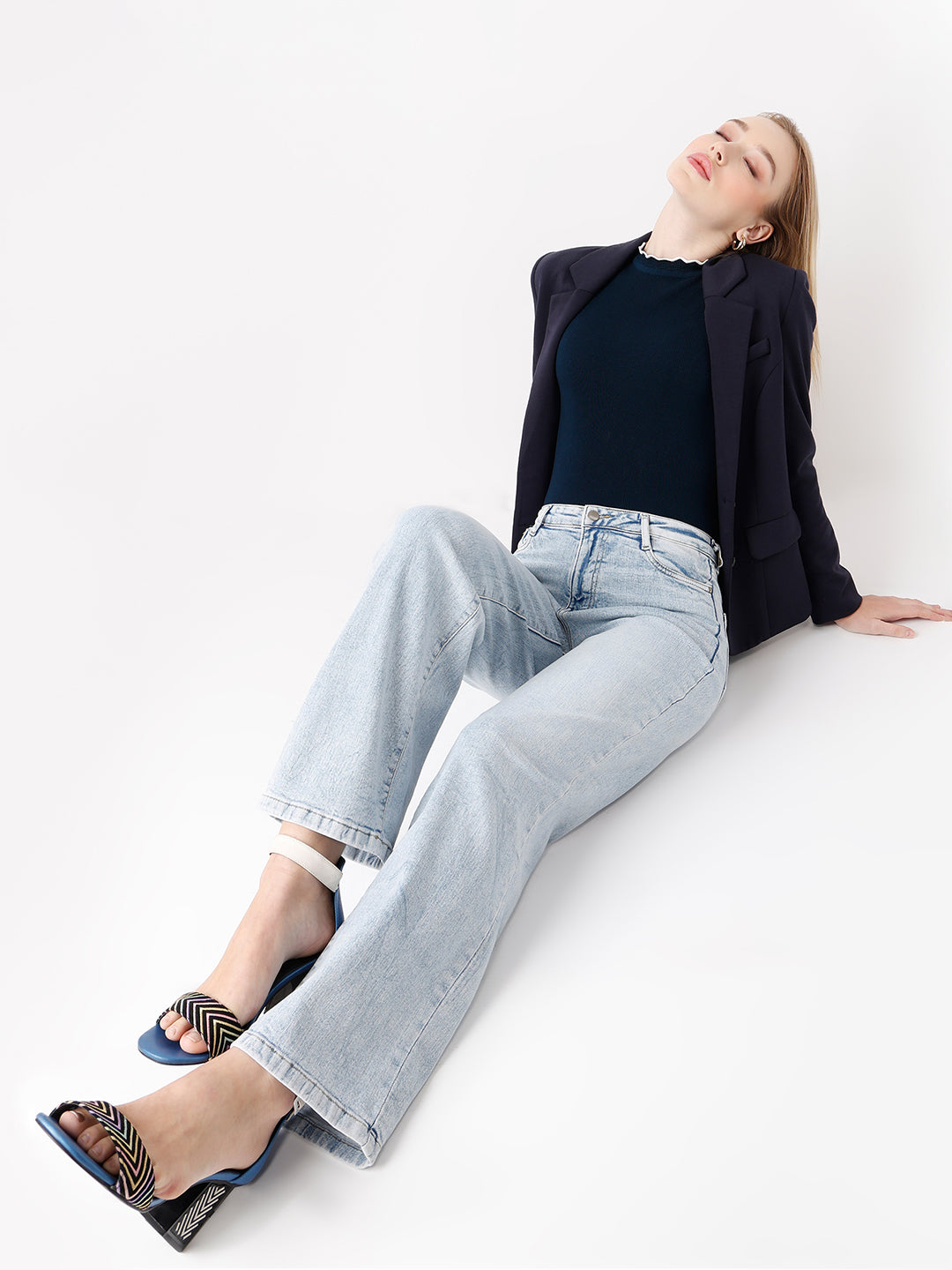Women Light Blue High Rise Wide Leg Jeans