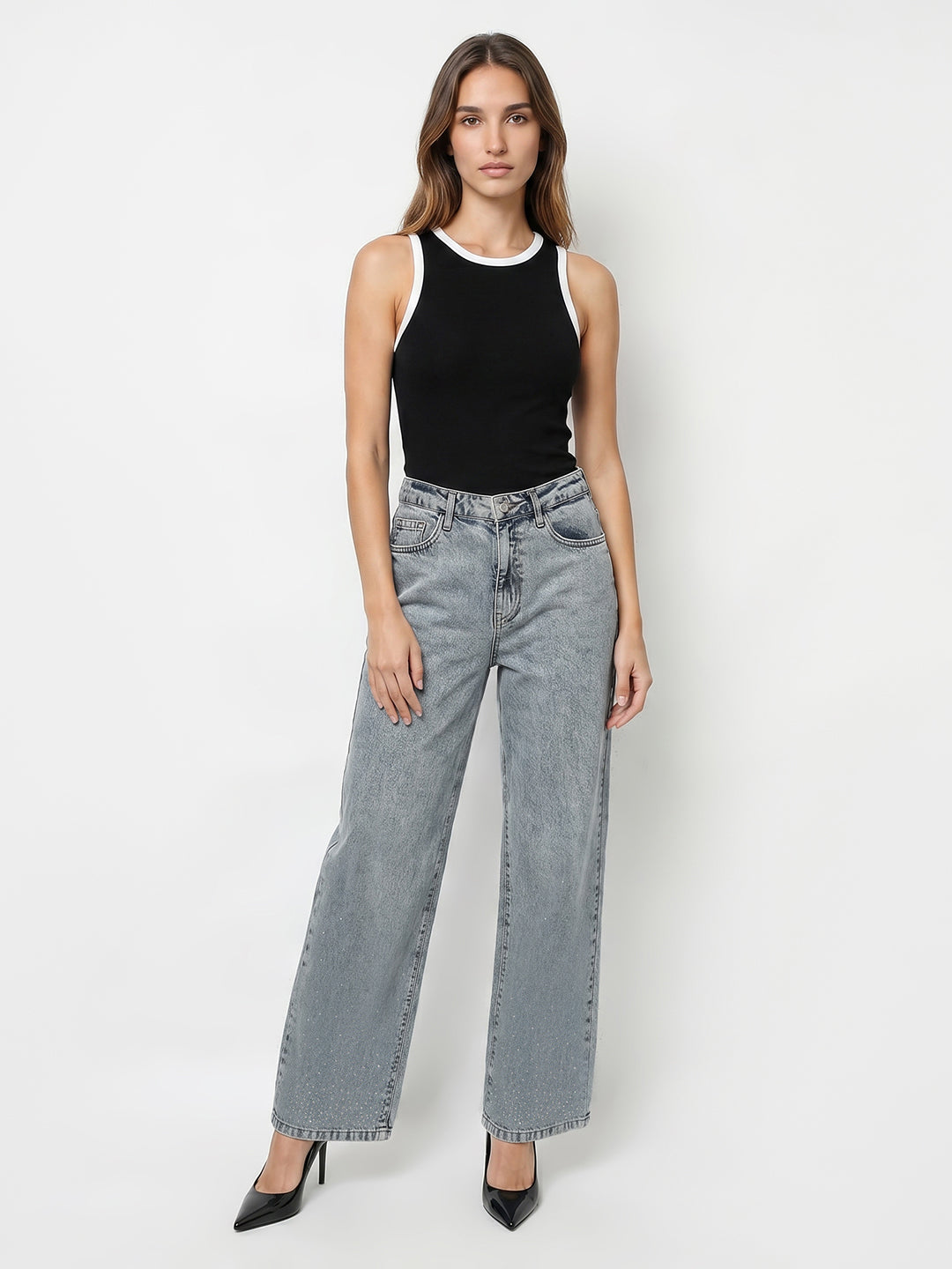 Women Light Blue High-Rise Rhinestone Wide Leg Jeans