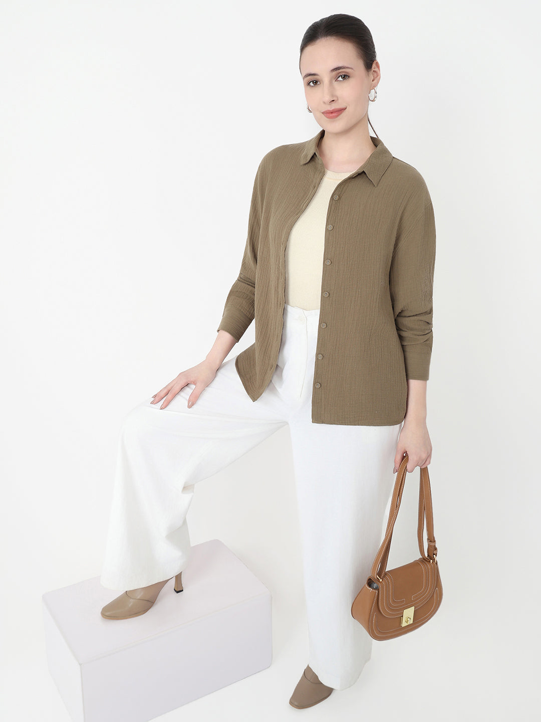 Women Olive Slim Fit Oversized Shirt