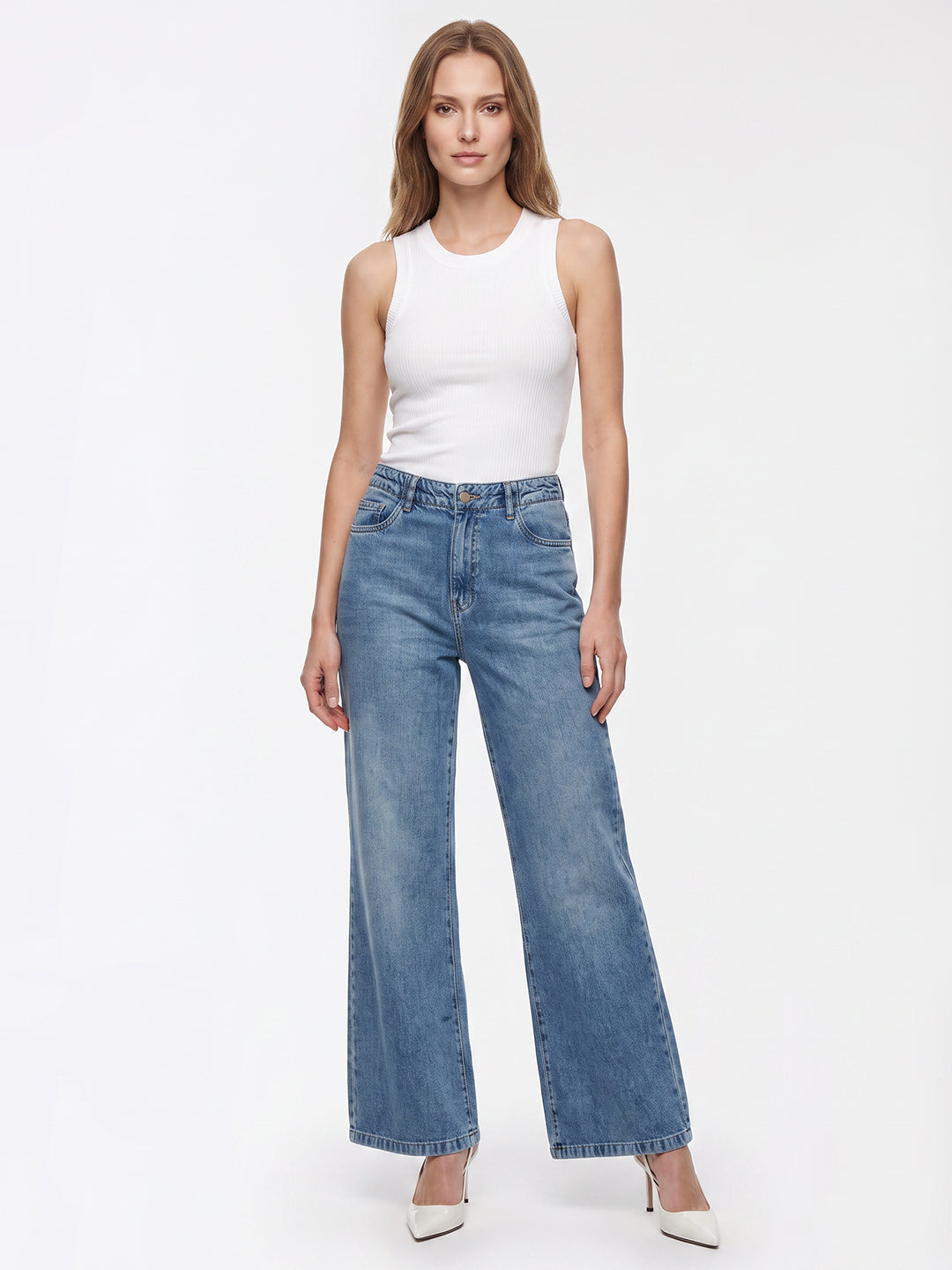 Women Blue High-Rise Super Wide Leg Jeans