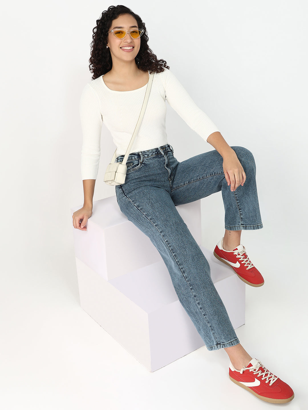 Women Off White Slim Fit Flat Knit
