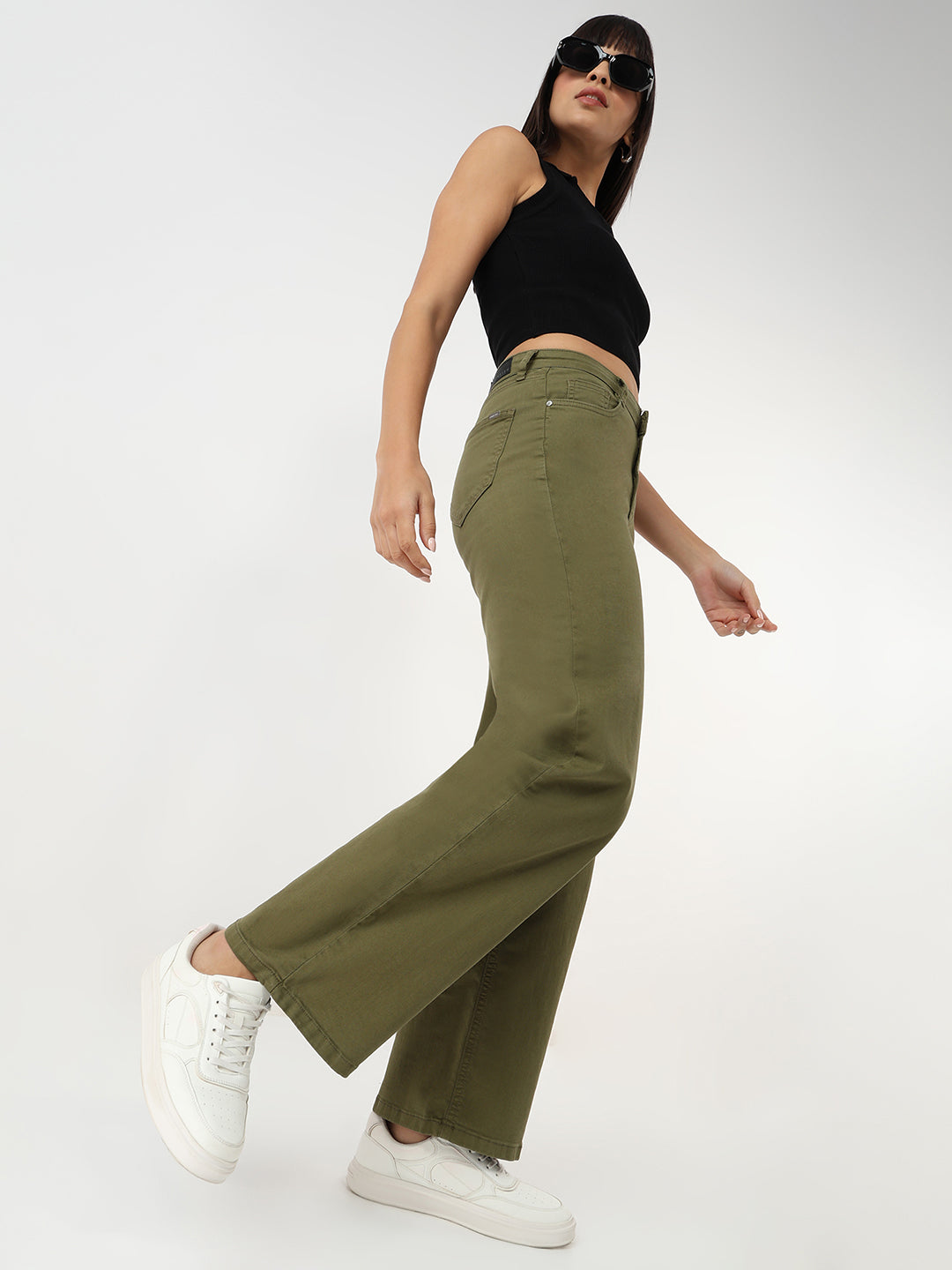 Women Olive Wide Leg Jeans