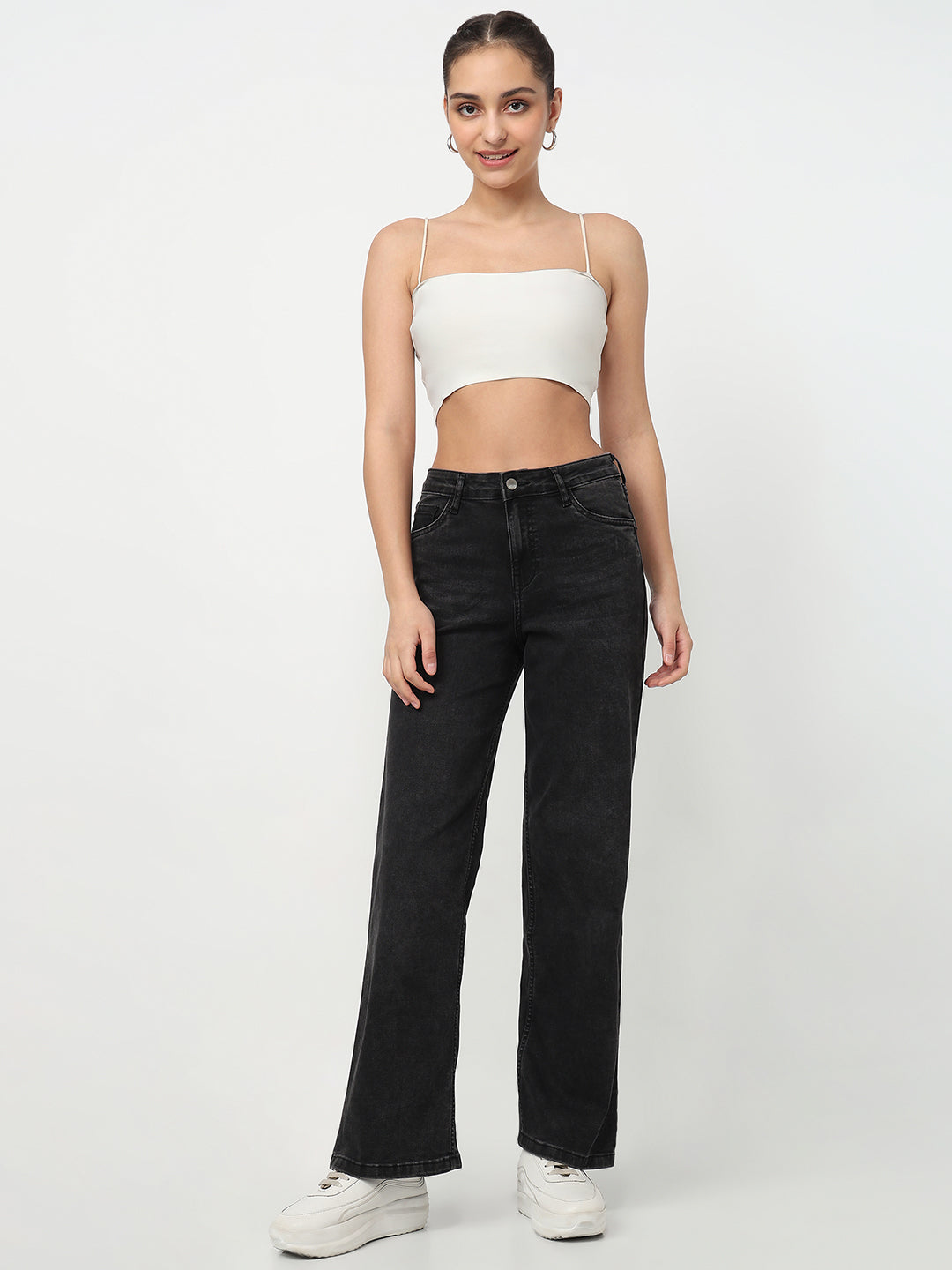 Women Charcoal High-Rise Wide Leg Jeans