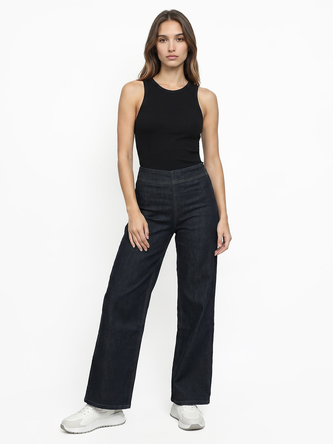 Women Dark Blue High-Rise Super Wide Leg Jeans
