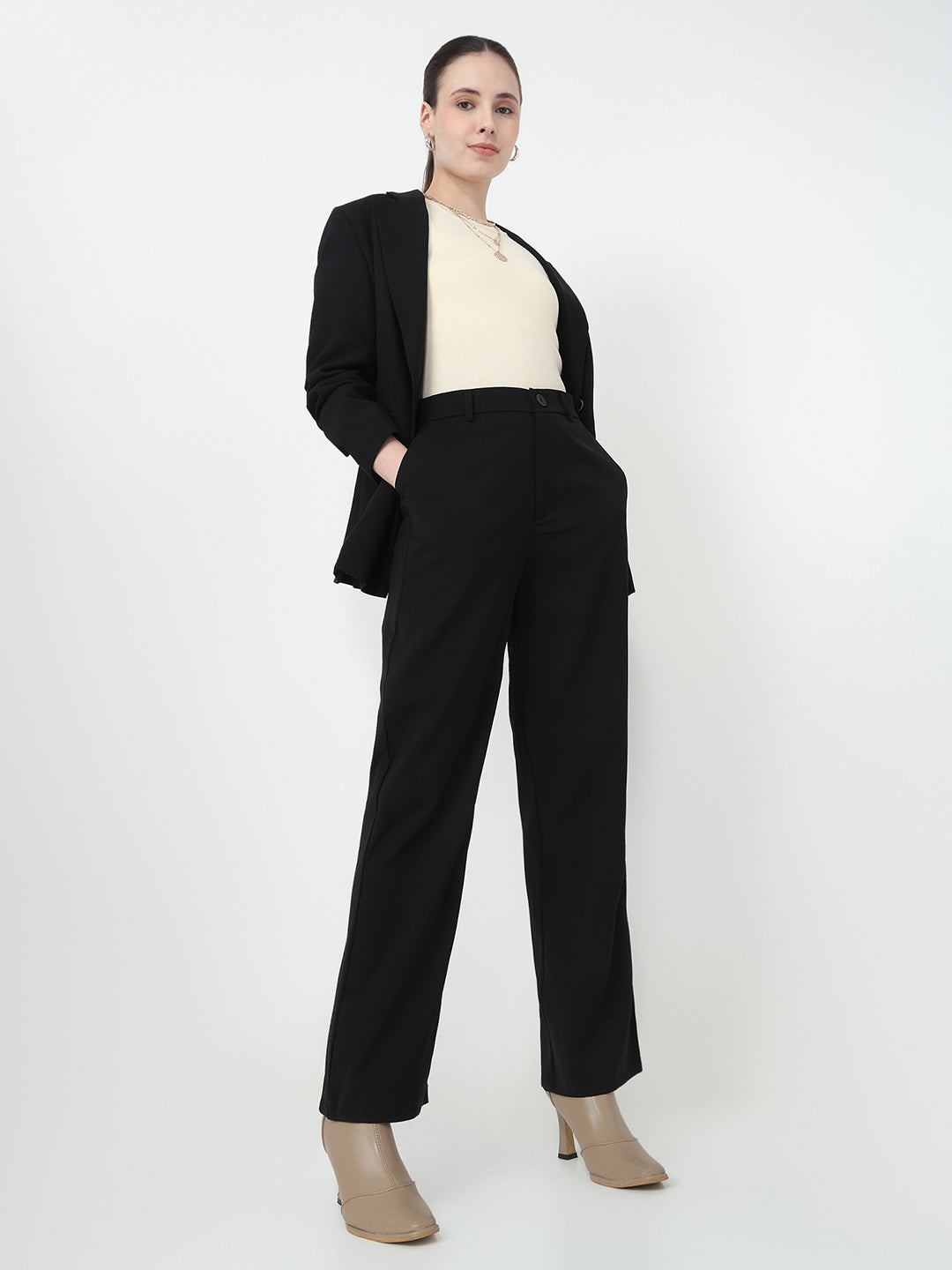 Women Black Loose Straight Fit Korean Pants