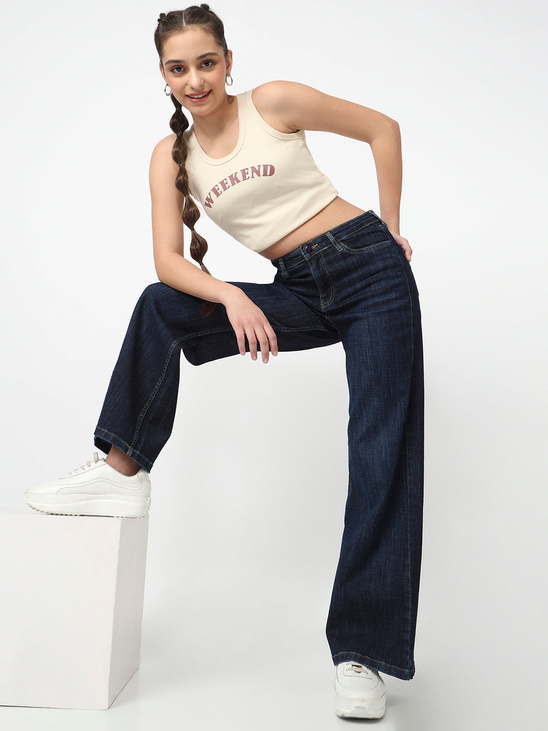 Women Dark Blue High-Rise Wide Leg Jeans