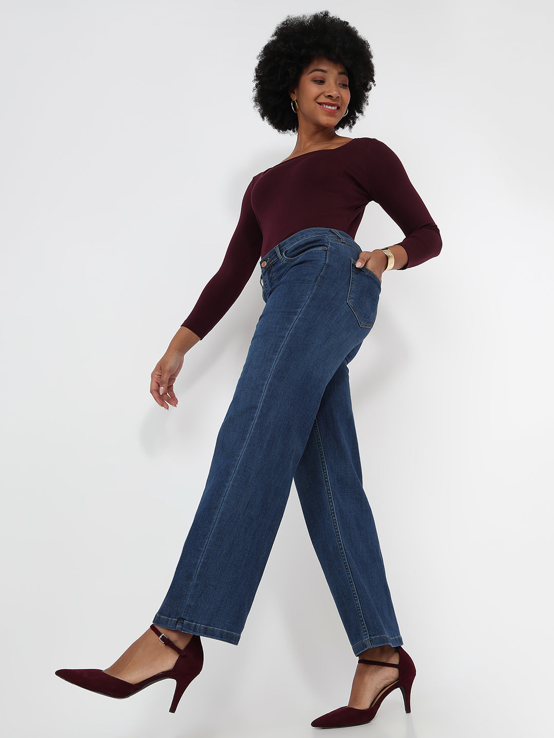 Women Dark Blue High-Rise Wide Leg Jeans