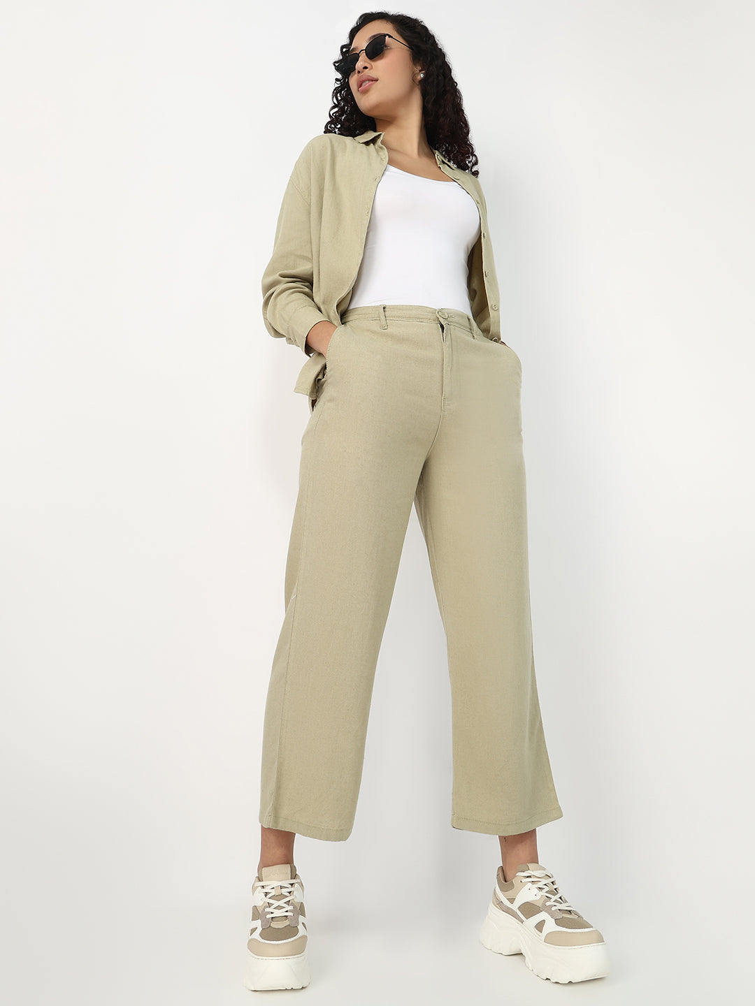 Women Light Olive Crop Wide Leg Trousers