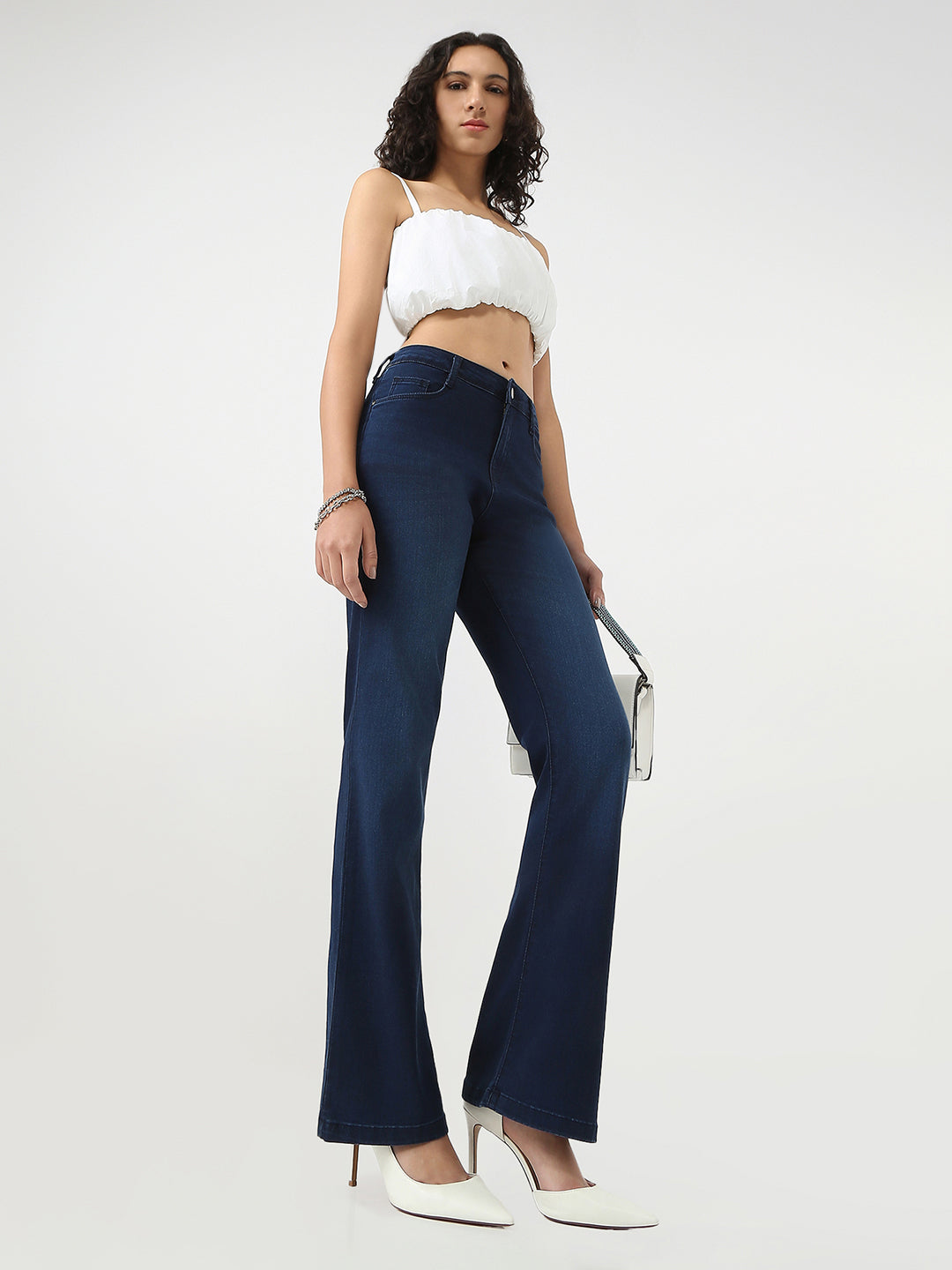 Women High Rise Mini Flared Jeans