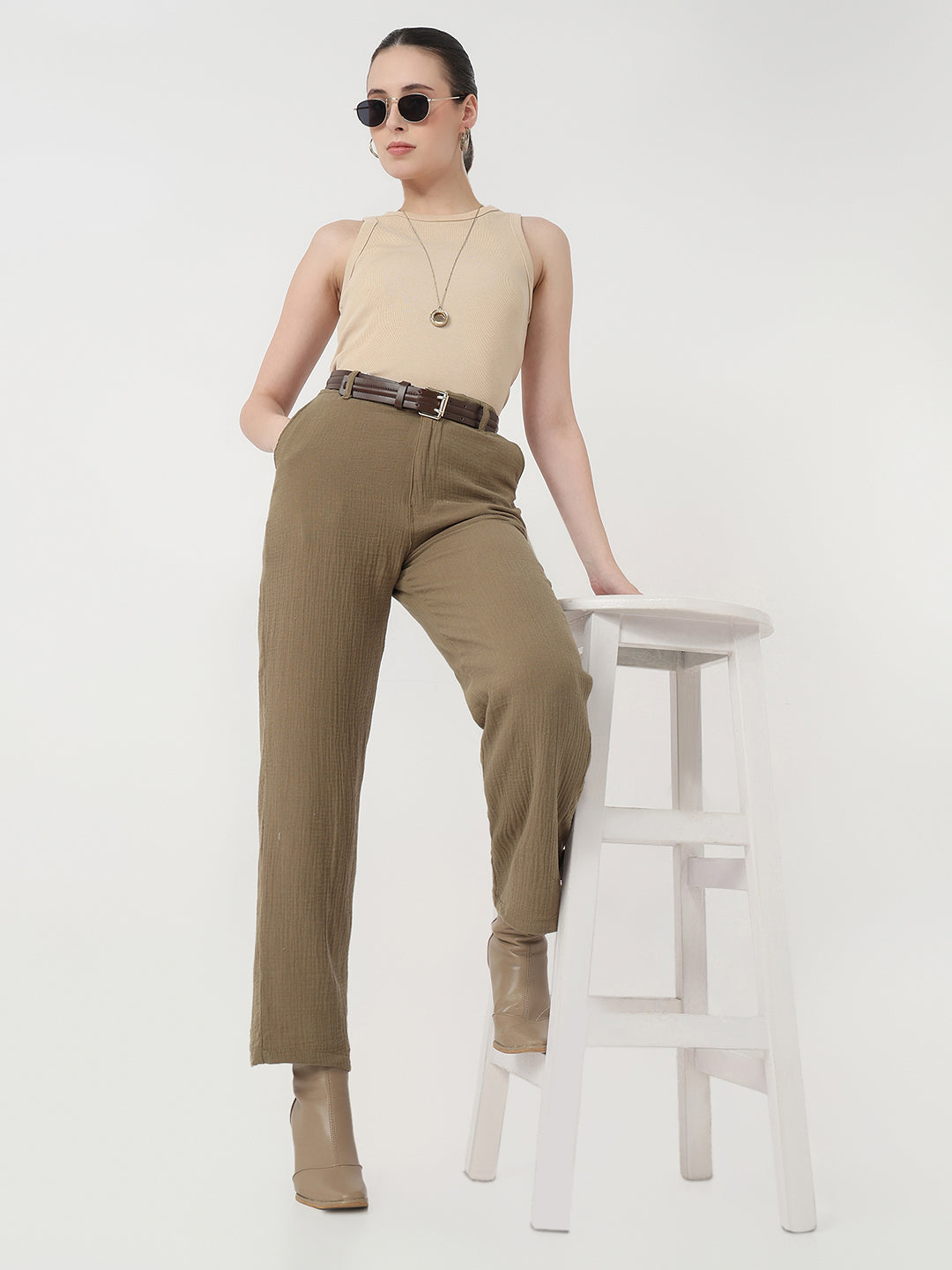 Women Olive Loose Straight Korean Pants