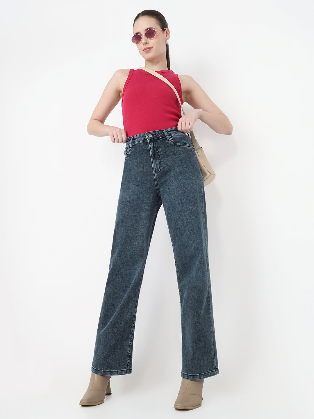 Women Slate Blue High-Rise Baggy Jeans