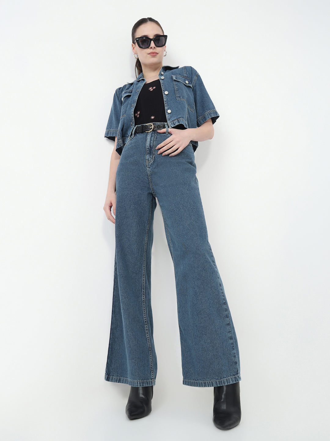 Women Blue High-Rise Super Wide Leg Jeans