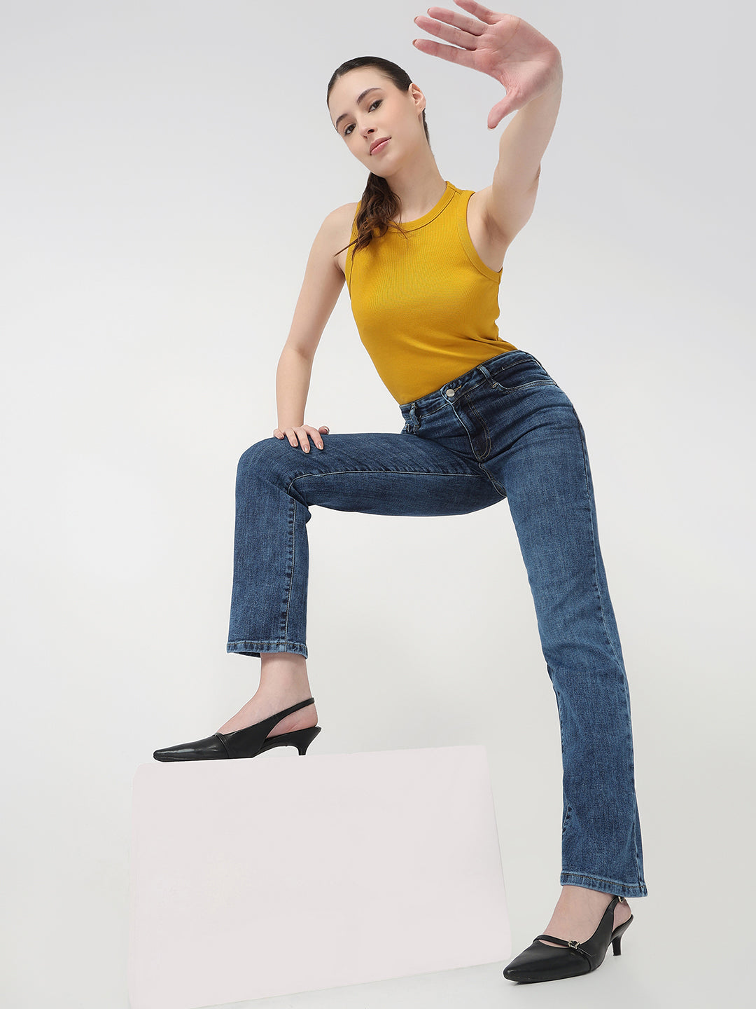 Women Blue High-Rise Slim Straight Jeans