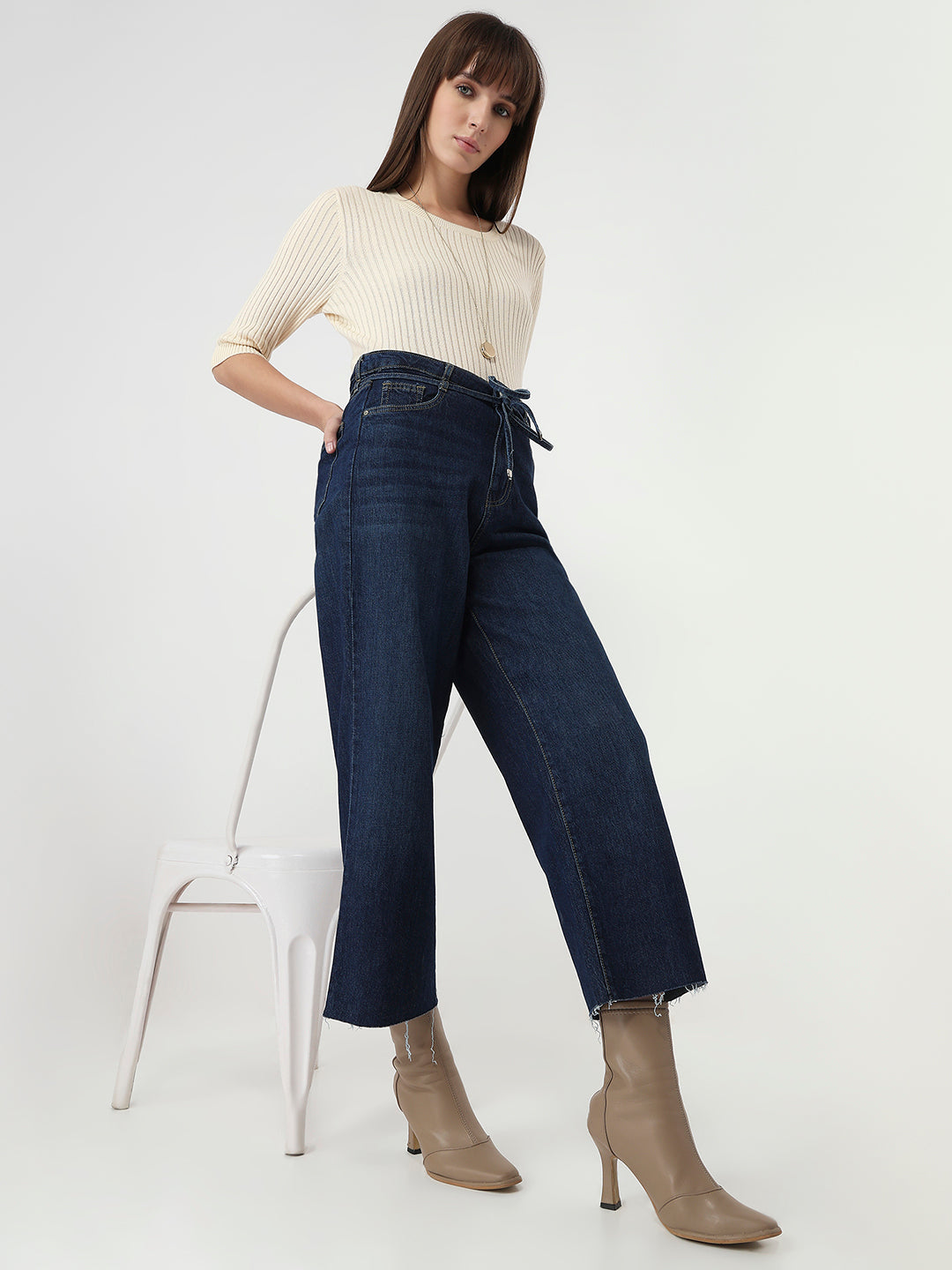 Women Blue Crop Wide Leg Jeans