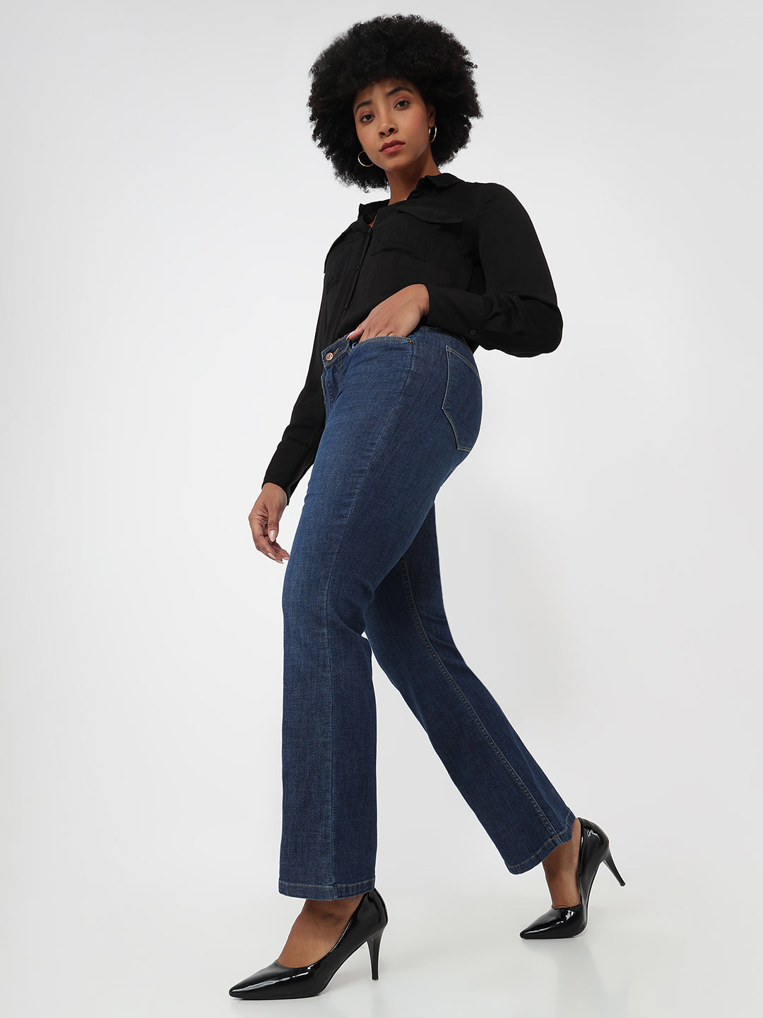 Women Dark Blue High-Rise Mini Flare Jeans