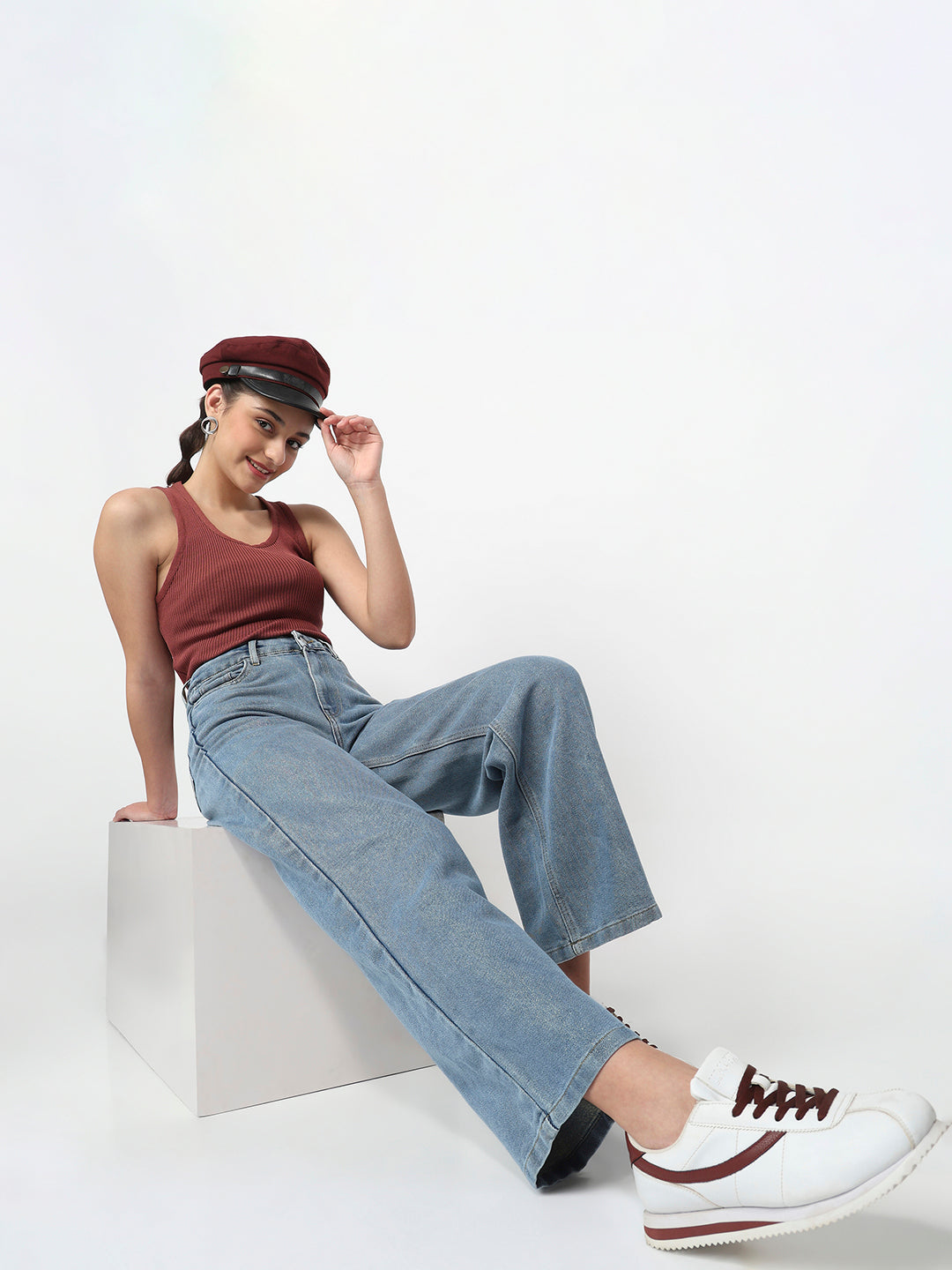 Women Light Blue High-Rise Wide Leg Shimmer Jeans