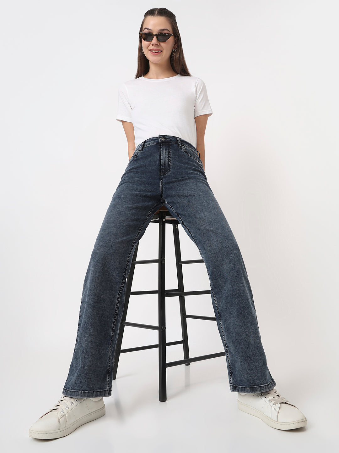 Women Slate Blue High-Rise Straight Fit Jeans