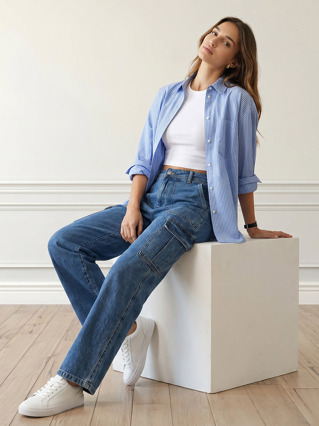 Women Blue Mid-Rise Cargo