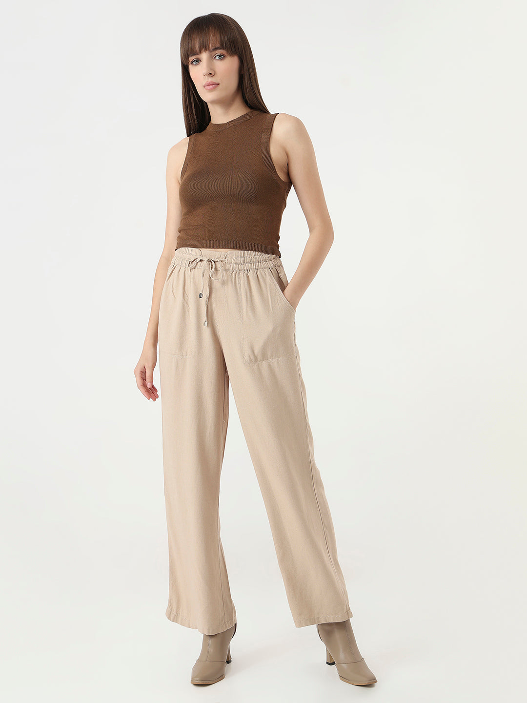 Women Oatmilk Wide Leg Trousers