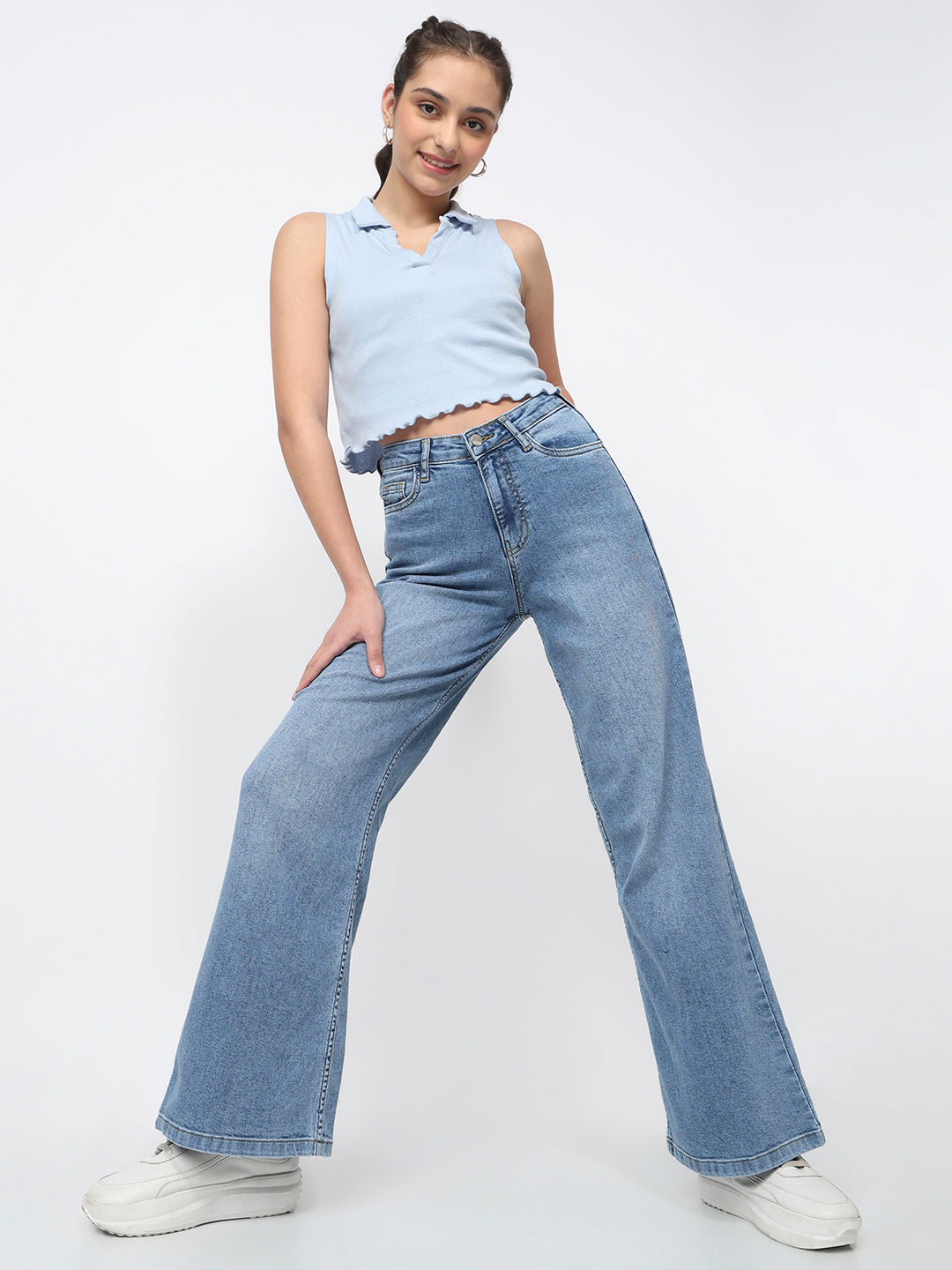 Women Blue High-Rise Super Wide Leg Jeans