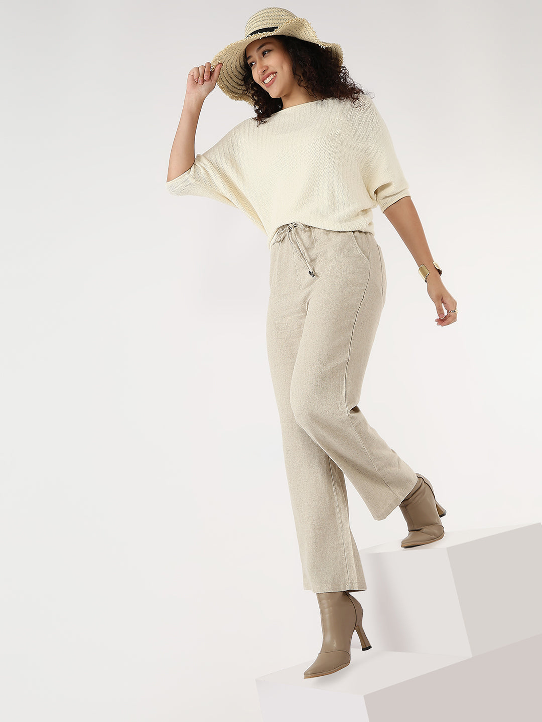 Women Dark Natural Loose Straight Paper Bag Pants