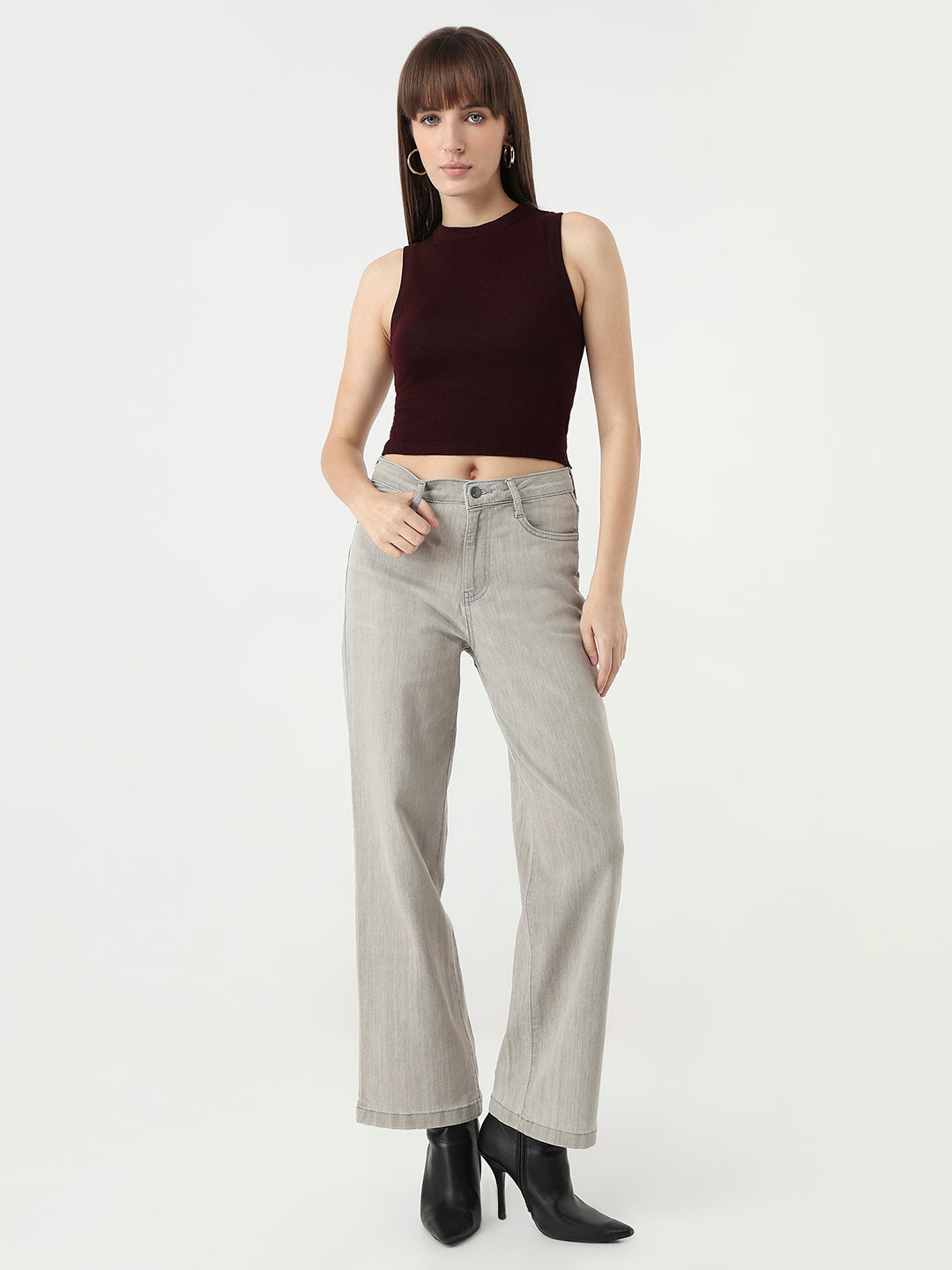 Women Grey High-Rise Wide Leg Jeans