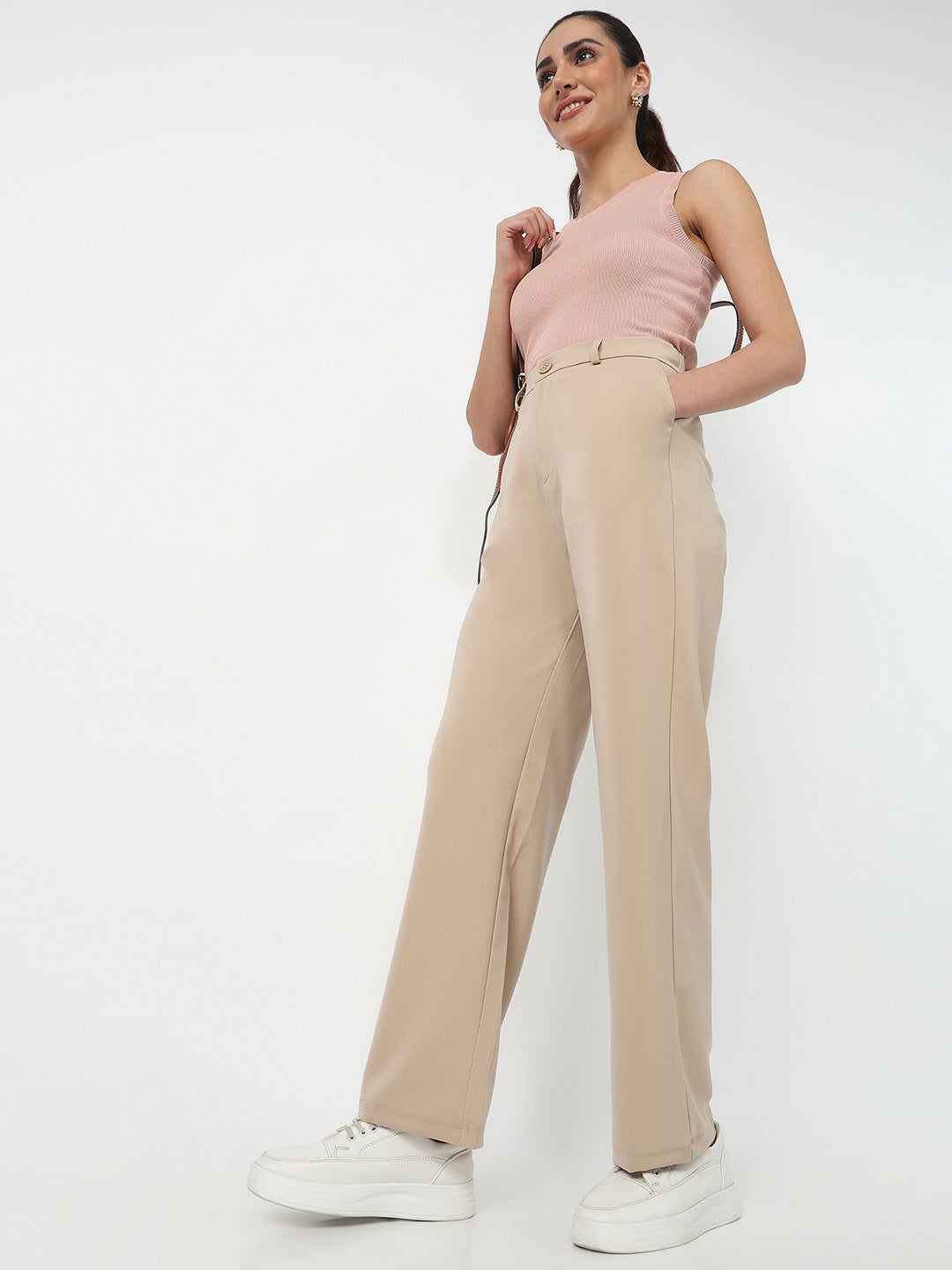 Women Beige High-Rise Straight Fit Pants