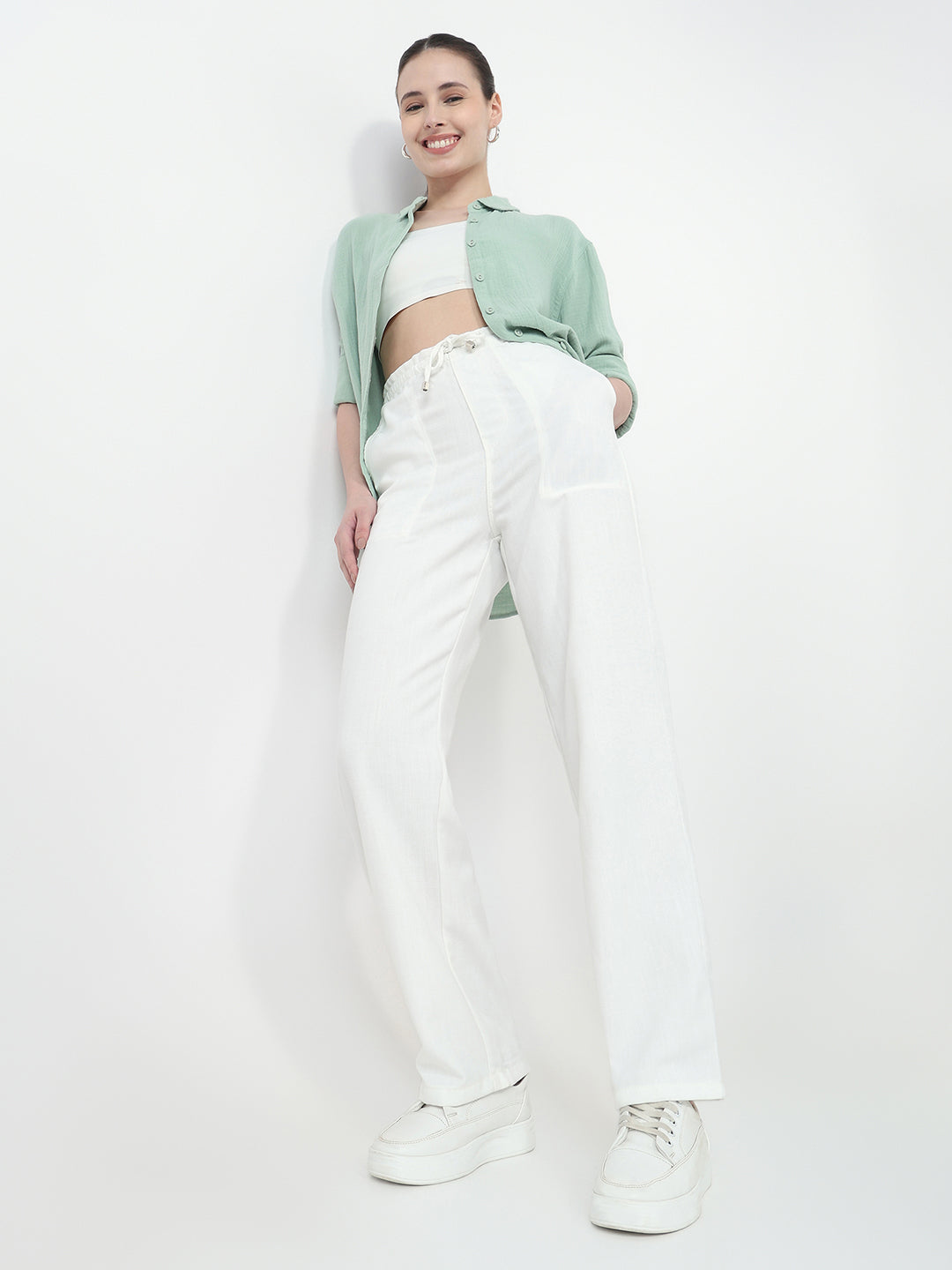 Women Off White Loose Straight Paper Bag Pants
